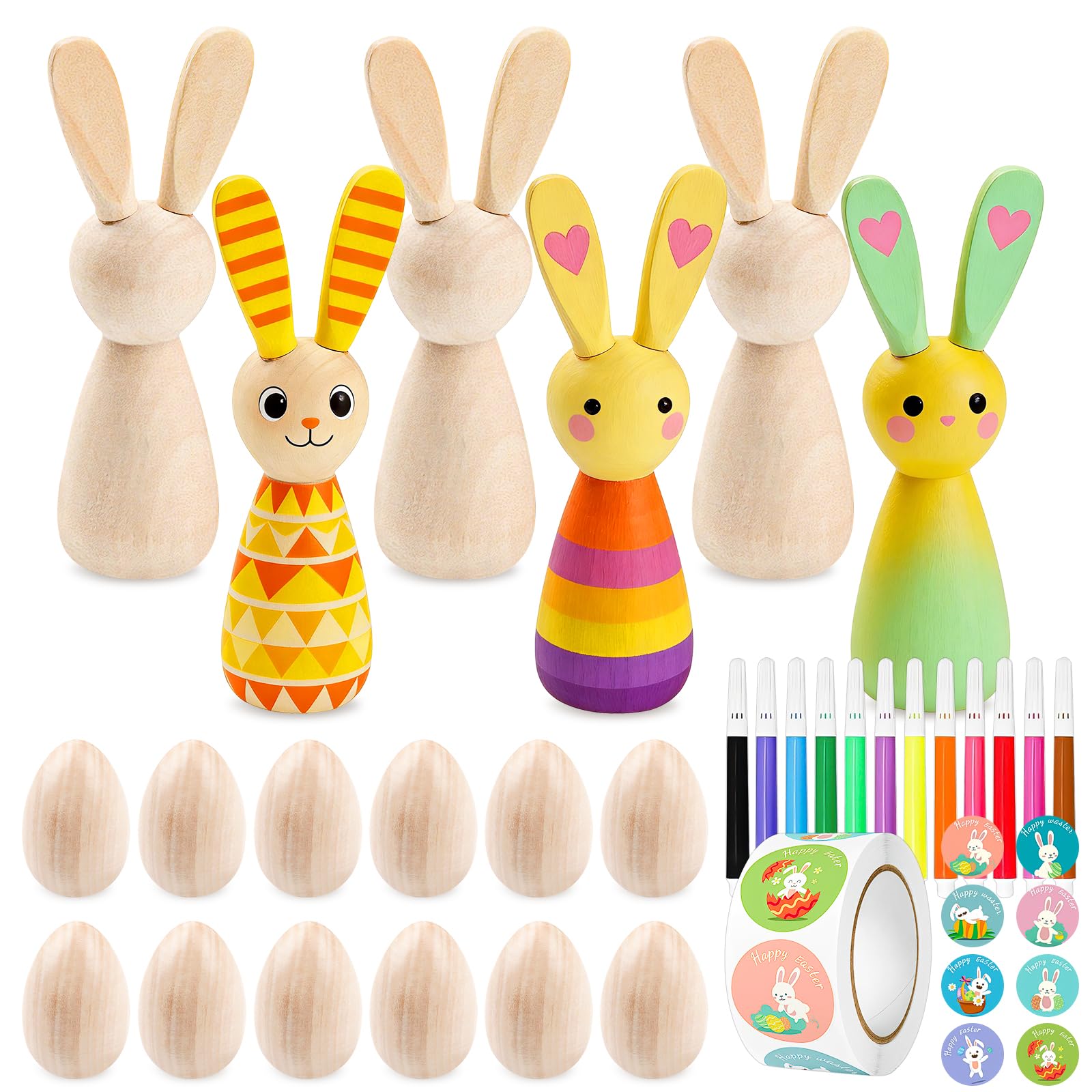 HGRGHH Huevos de Pascua para Pintar, Set Manualidades Pascua 530 Piezas, Huevos y Conejo de Pascua de Madera, Kit DIY Manualidades Niños con Pegatinas y Acuarelas, Decoración y Regalo