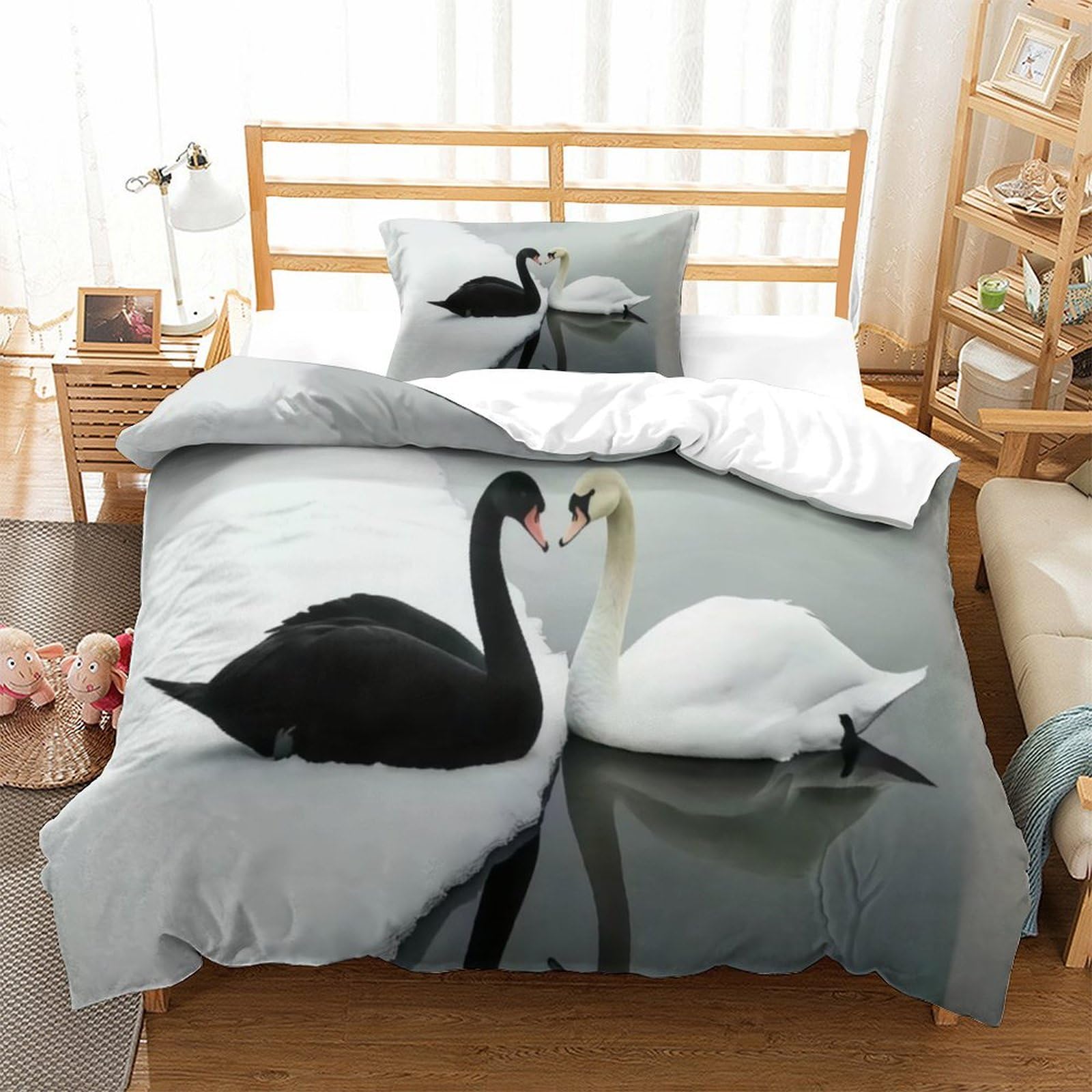 Dafufbw Swans-1 Swans Comfortable Bedding Set Hidden Zipper Birds Duvet Cover Set With Pillowcases Comforter Cover Soft Microfiber Quilt Cover Set Various Sizes Single（135X200cm）