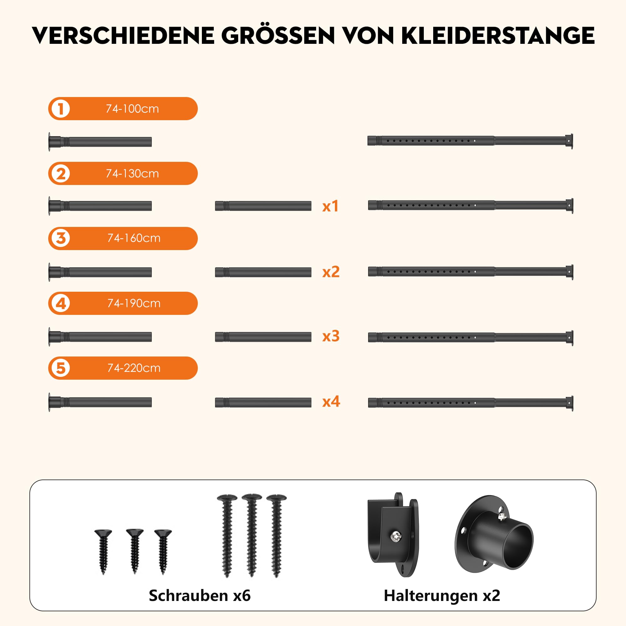 32mm Garderobenstange, Schwarze Schrank Teleskopstange,74-130cm Kleiderstange mit Metallhalterungen，1 Set Kleiderstange Wandmontage