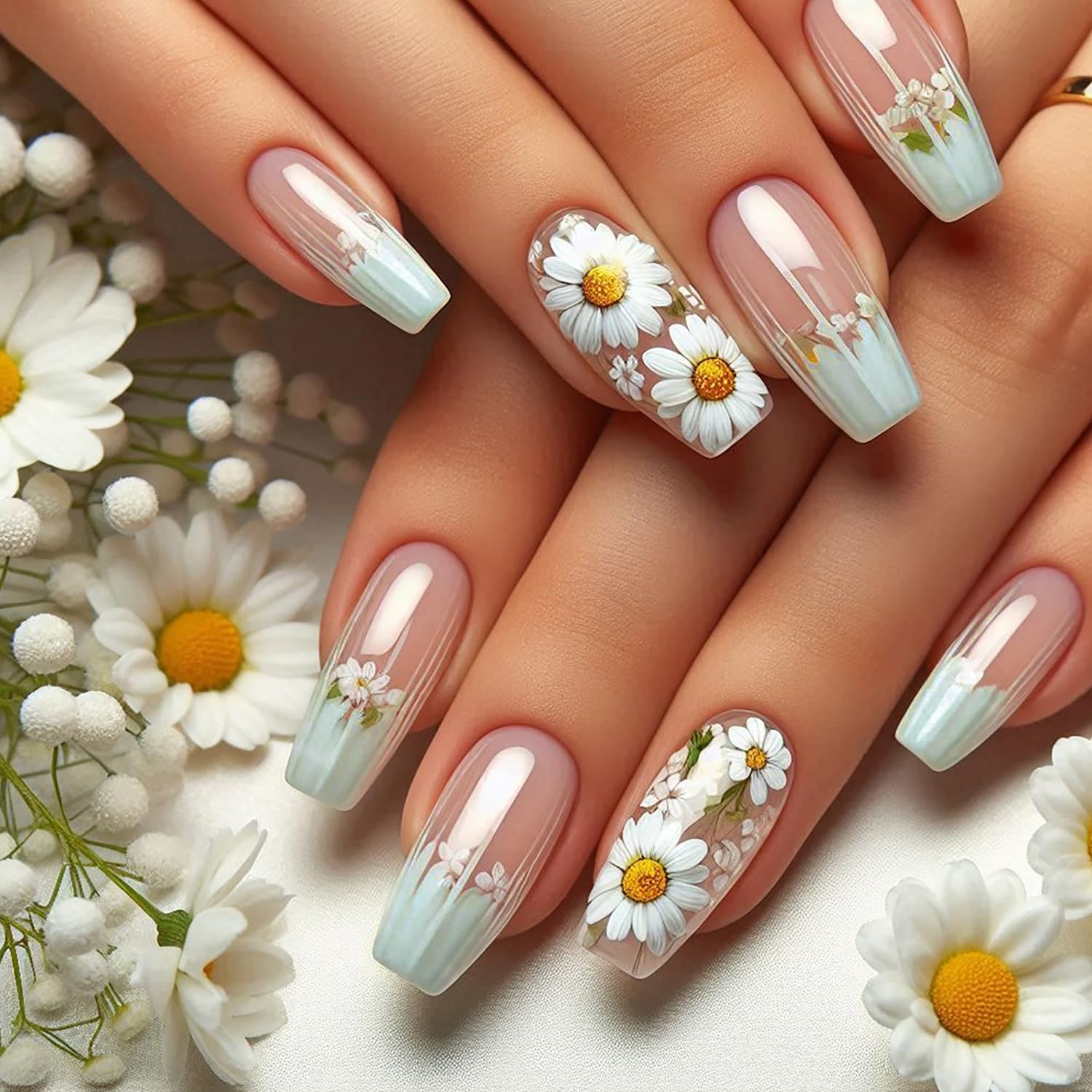 LOPMNGHT Flower Press on Nails Medium Ballet Shaped White Daisy Pattern Design French Tip Press Ons Stick on Nail Full Cover Artificial Spring Summer