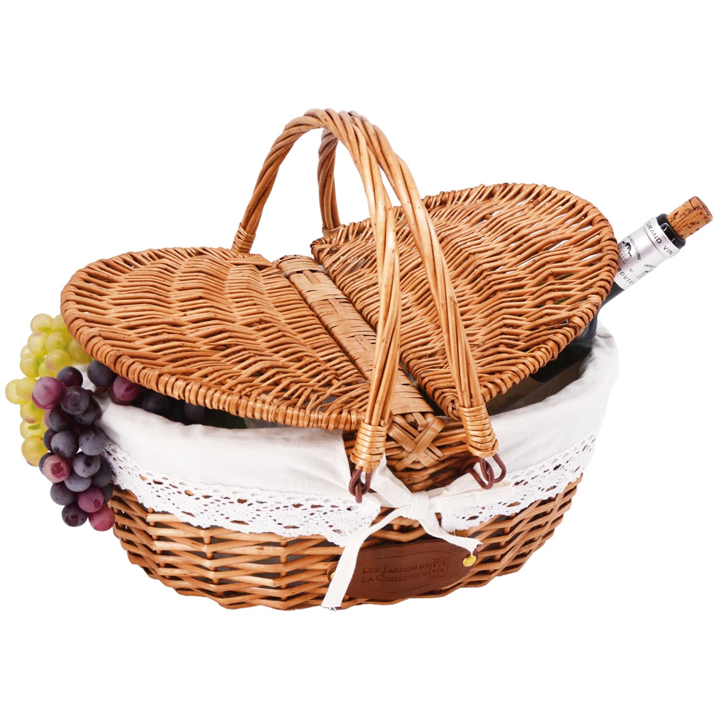 Les Jardins de la Comtesse Panier en Osier Tressé, Osier/Lin/Dentelle, Forme Arrondie, Naturel, 40x31x20/40 cm, Style Champêtre, Pour Pique-nique et Marché