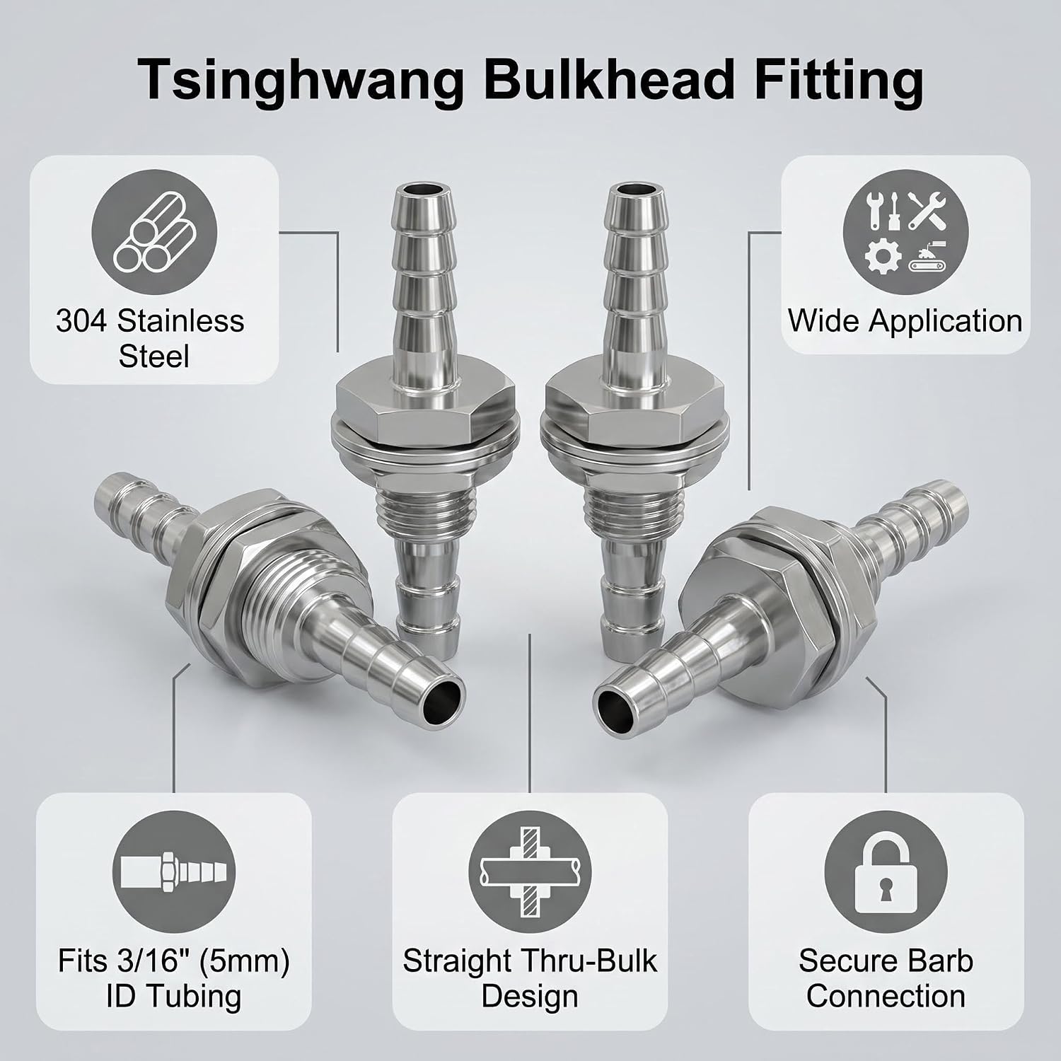 4PCS 3/16" (5mm) Hose Barb Bulkhead Fitting, 304 Stainless Steel Straight Thru-Bulk Connector, Bulkhead Hose Connector for Water Tank, Aquarium, Irrigation, Rain Barrel (4, 3/16" (5mm))