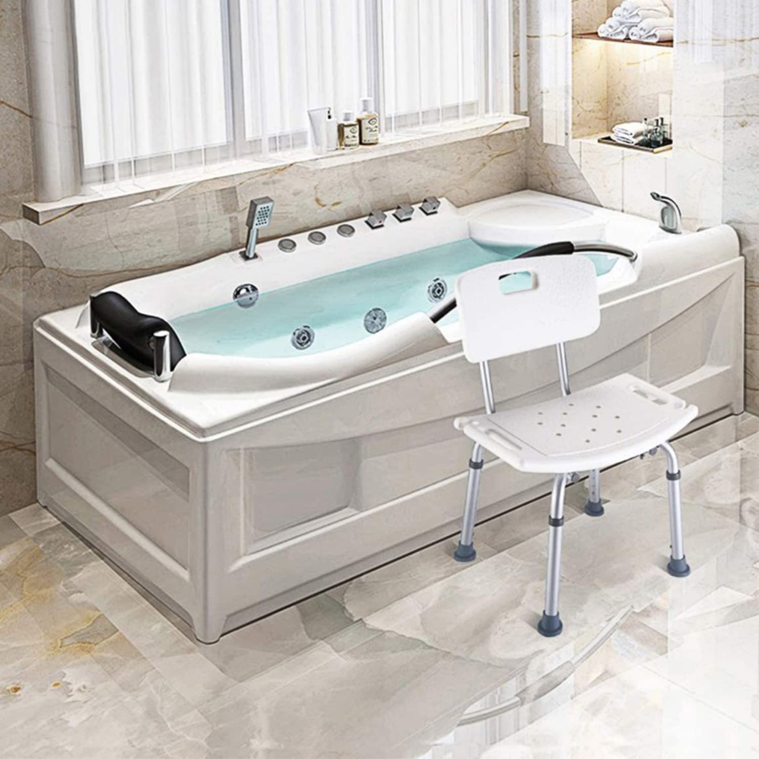 SHISHI Silla de Baño Antideslizantes, Taburete de Baño Mayores, Taburete de Ducha Altura Regulable, Aluminio y Plástico, Silla Ducha con Respaldo, Blanco C, 38×36×(70-83) cm