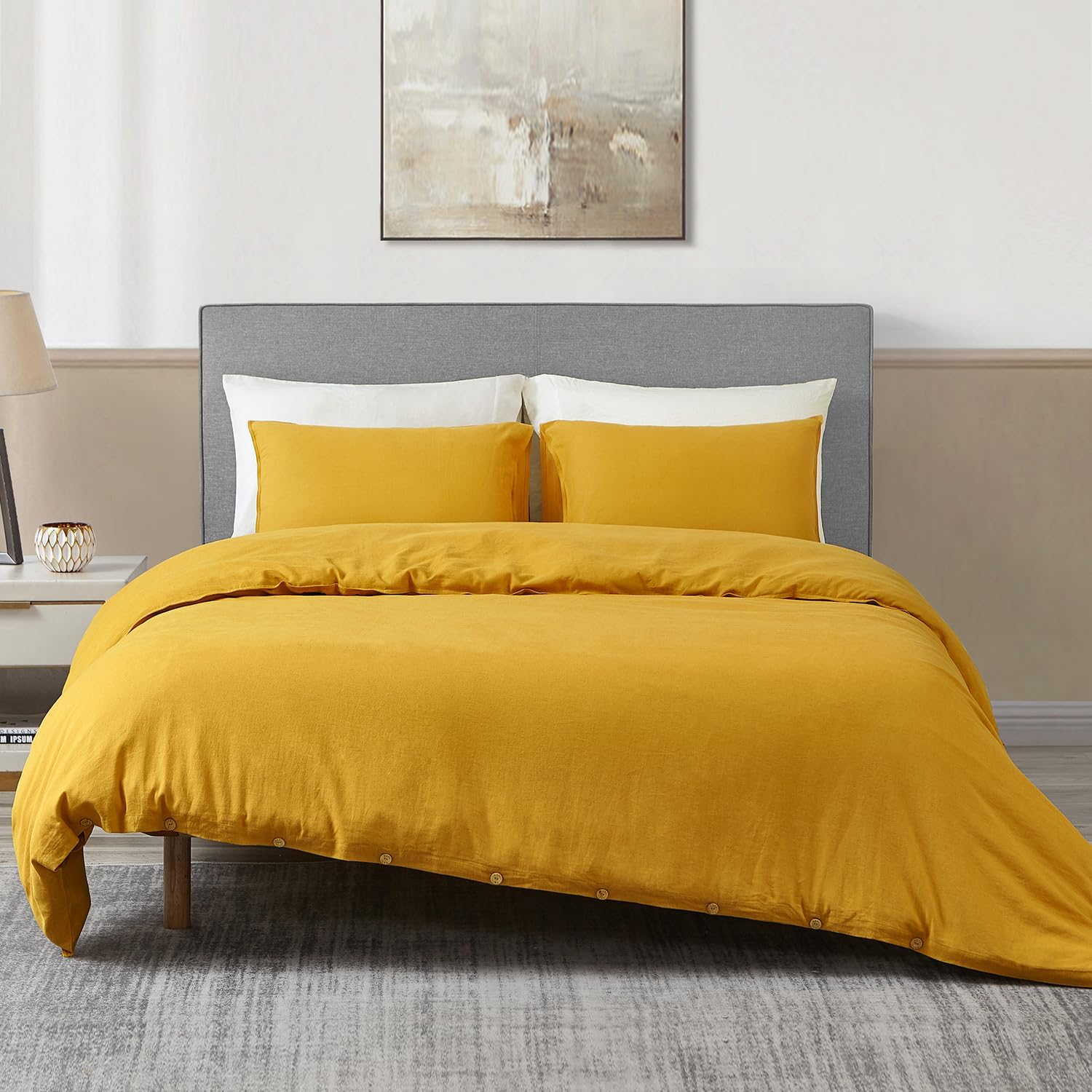 DAPU Linen Duvet Cover King, Washed Lightweight Bedding Set with Buttons Closures, 3 PCs Hypoallergenic Soft Linen Cotton Blend Duvet Cover Set with Multiple Corner Ties (Mustard Yellow, King)