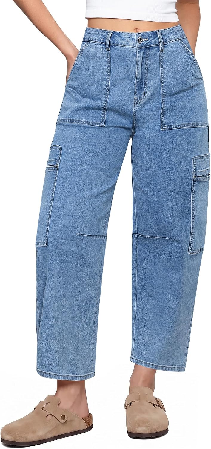 GRAPENT Barrel Jeans for Women Trendy High Waisted Cropped Cargo Pocket Baggy Stretch Denim Pants Wide Leg Tapered Jeans