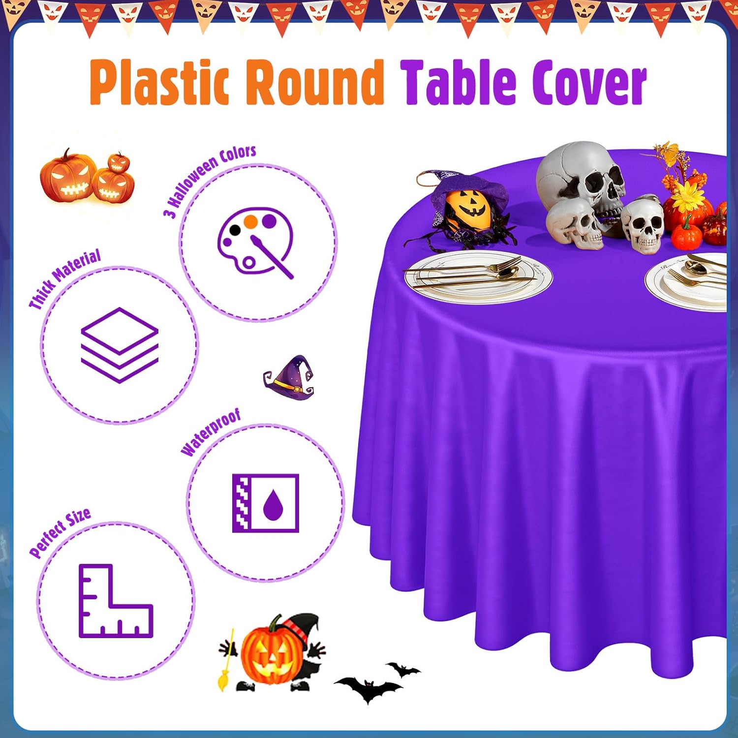 Preboun 24 Pcs Halloween Round Plastic Tablecloth Black Purple Orange Table Cloths Disposable Decorative Table Cover for Parties Weddings Dining Buffet Outdoor Camping Picnic Autumn Fall, 84 Inches