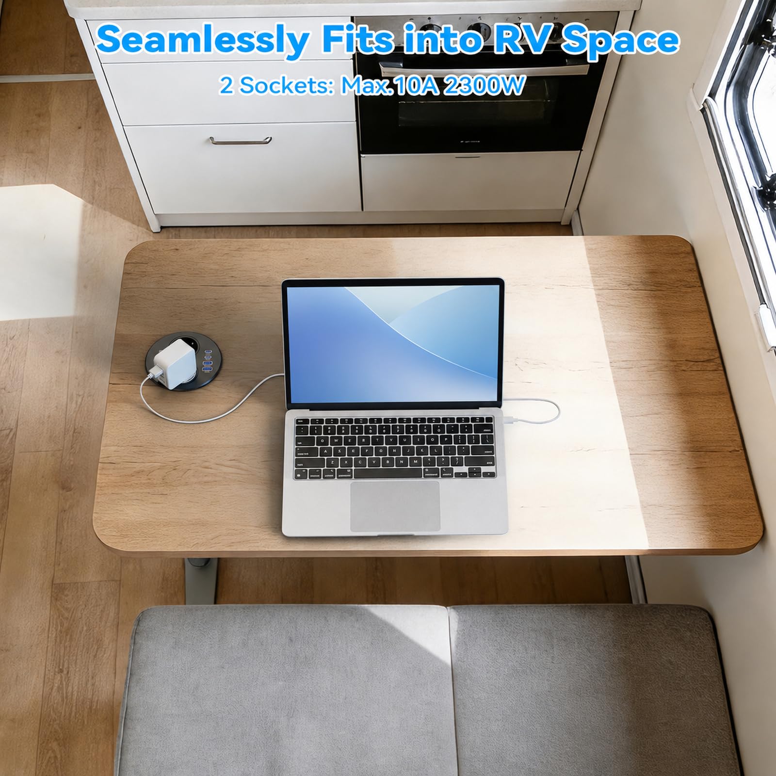 Gniazdko podtynkowe, okrągłe, z 2 gniazdami Schuko i 4 portami USB, 2 x USB C PD 20 W, gniazdko stołowe z przełącznikiem, do biurka, biura, kuchni, blatu roboczego, listwa zasilająca do zabudowy z