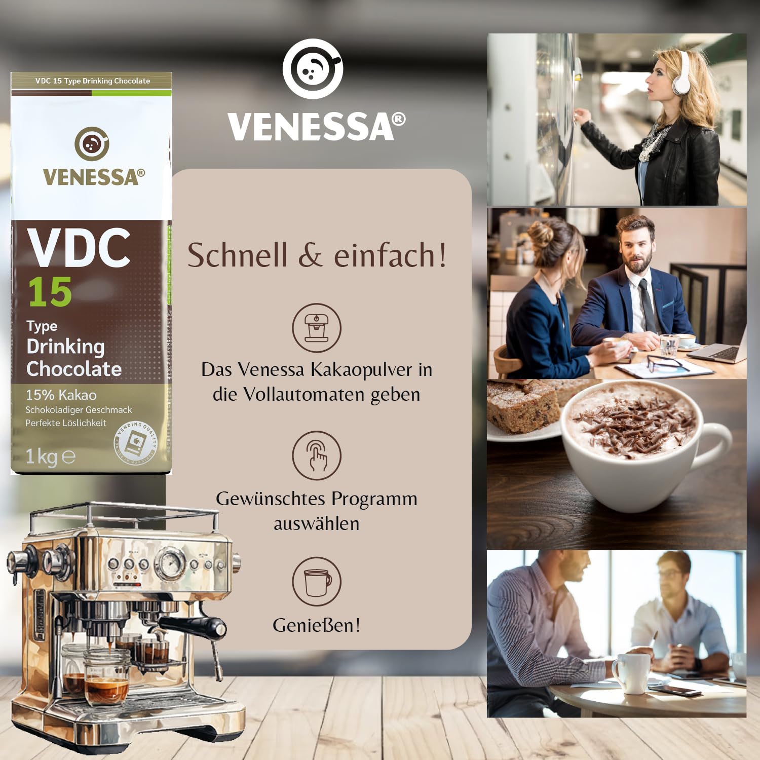Venessa VDC 9 - Chocolate para beber (5 x 1 kg, 9% de cacao y leche, cacao en polvo para gastro, máquinas expendedoras, ligeramente dulce, agradable