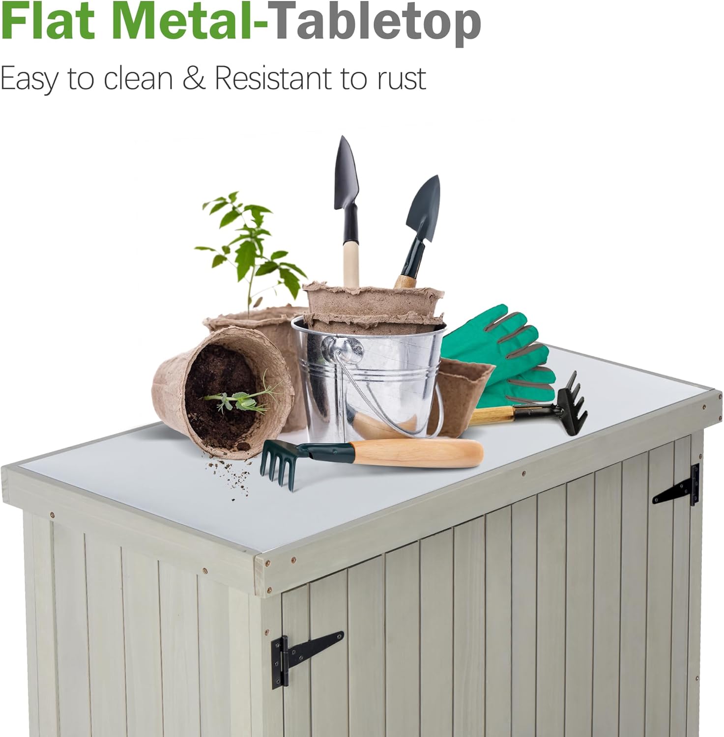 Potting Bench Table, Wooden Storage Cabinet with Removable Shelf, Metal-Plated Tabletop, Light Brown, 36x31x19 in, for Backyard Patio Lawn Gardening,Gray