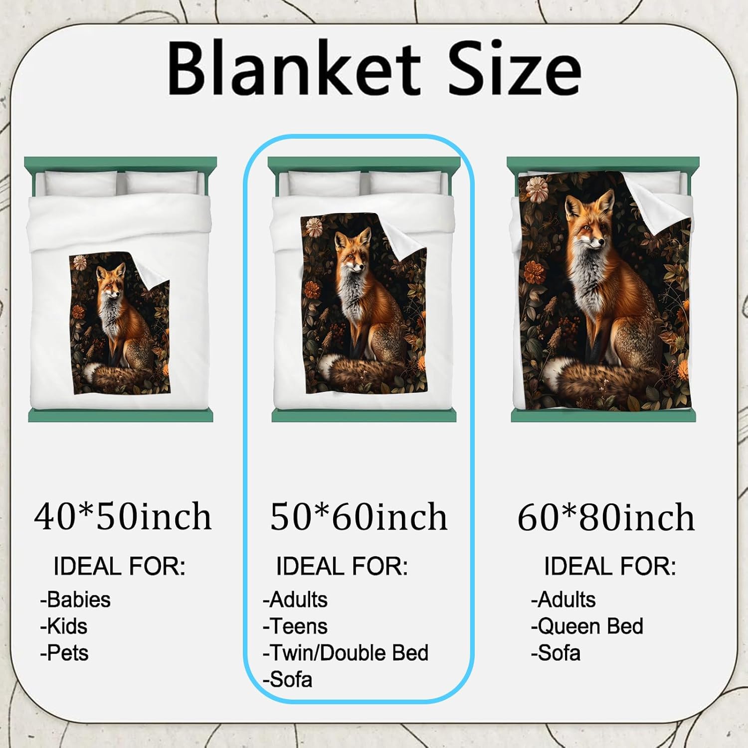 Rustic Fox Flannel Blanket,Realistic Woodland Animal Throw with Autumn Floral Background,Lightweight Fleece Blankets for Nature Lover,Couch,Cabin,Bed,Camping Fall Decor Gifts,60x50in
