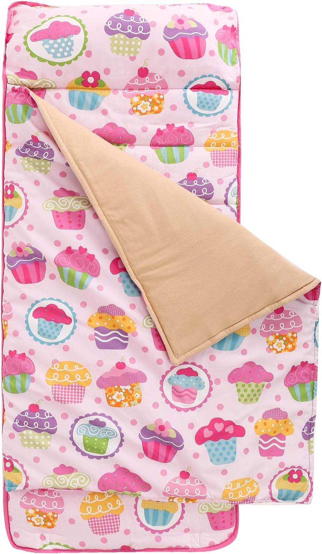 for Kids Nap Mat, Cotton Mat with Removable Pillow, Pink, Carry Handle with Straps Closure, Rollup Design, Soft Microfiber for Preschool, Daycare, Travel Sleeping Bag,3-7 Years - Cupcake
