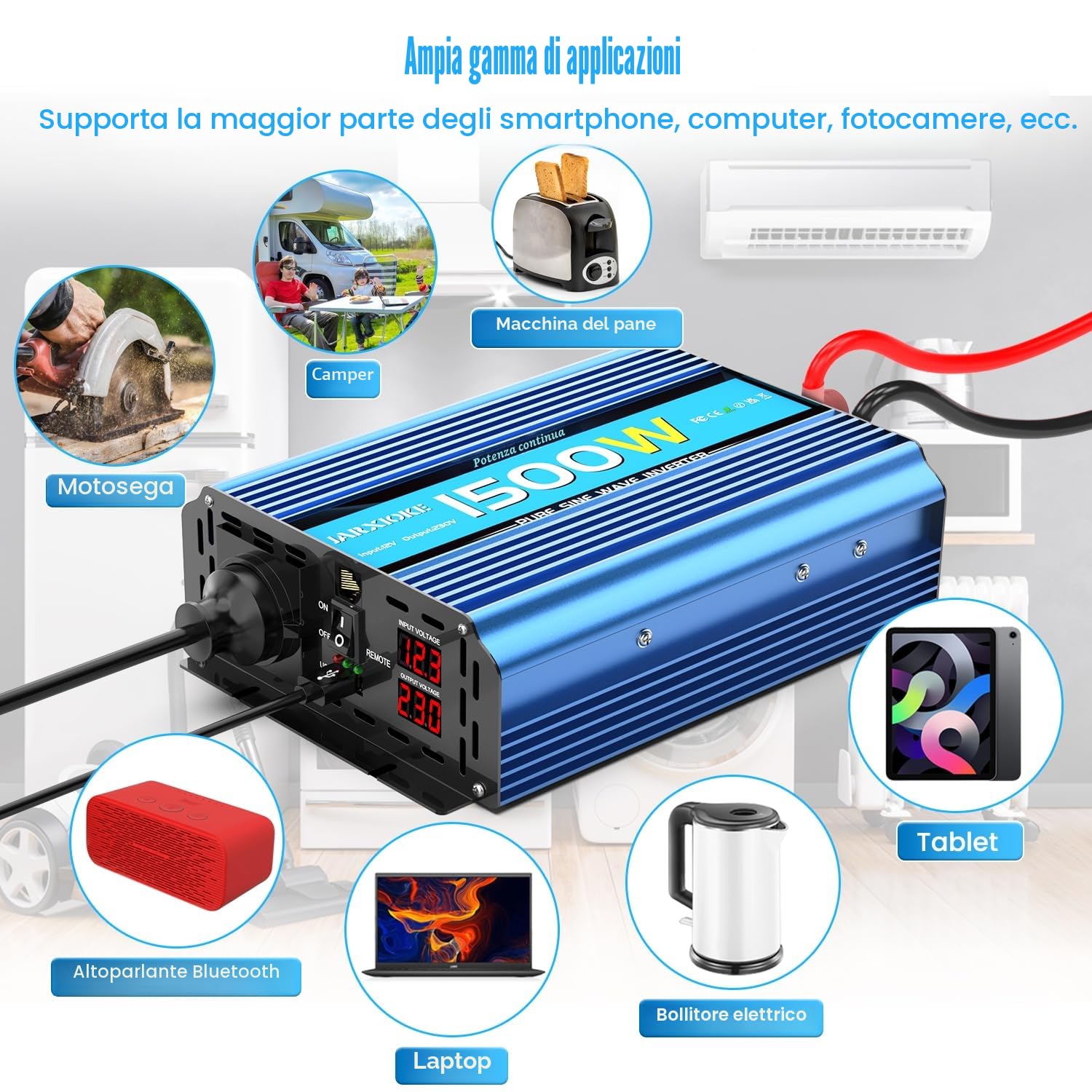 1500W/3000W Inverter 12v 220v Onda Pura Invertitore di Potenza 12v 220V/230V Trasformatore di Potenza Convertitore - Telecomando & USB & EU Presa per Auto Camper Barca