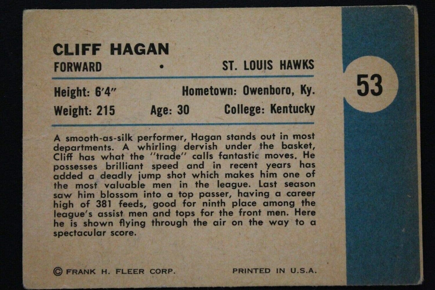 Cliff Hagan HOF St Louis Hawks Kentucky Signed 1961 Fleer #53 Basketball Card