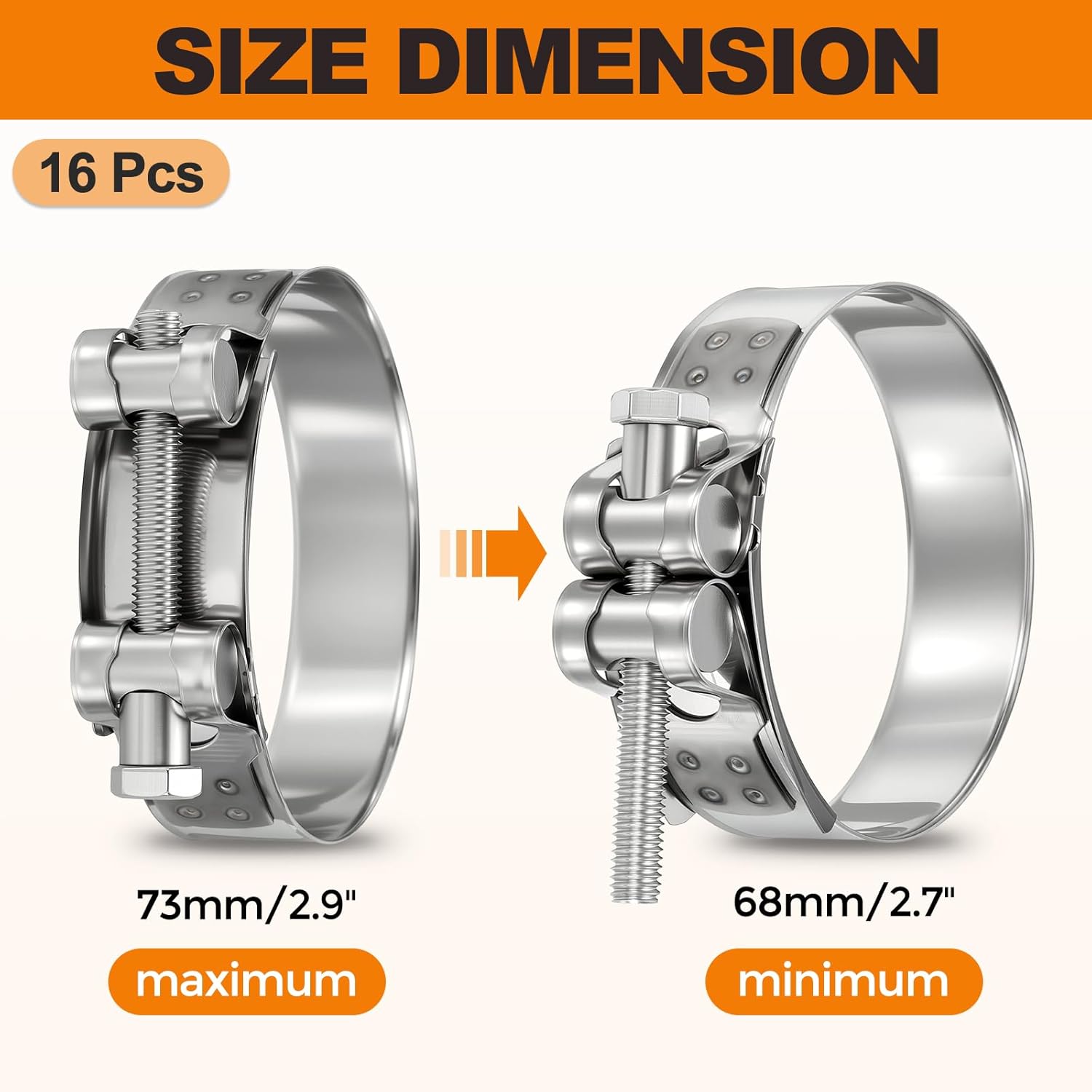 16 Packs 304 Stainless Steel T-Bolt Hose Clamps, Working Range 2.7" to 2.9"(68-73mm) Heavy Duty Turbo Intake Clamps, Metal Fuel Line Clamping for Turbo Tubes, Intercooler, Radiator