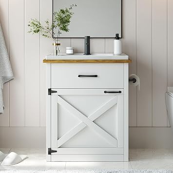 4ever2buy 24 Inch Bathroom Vanity with Sink, Farmhouse Bathroom Vanity Cabinet with Drawer & Barn Door, Towel Bar, White
