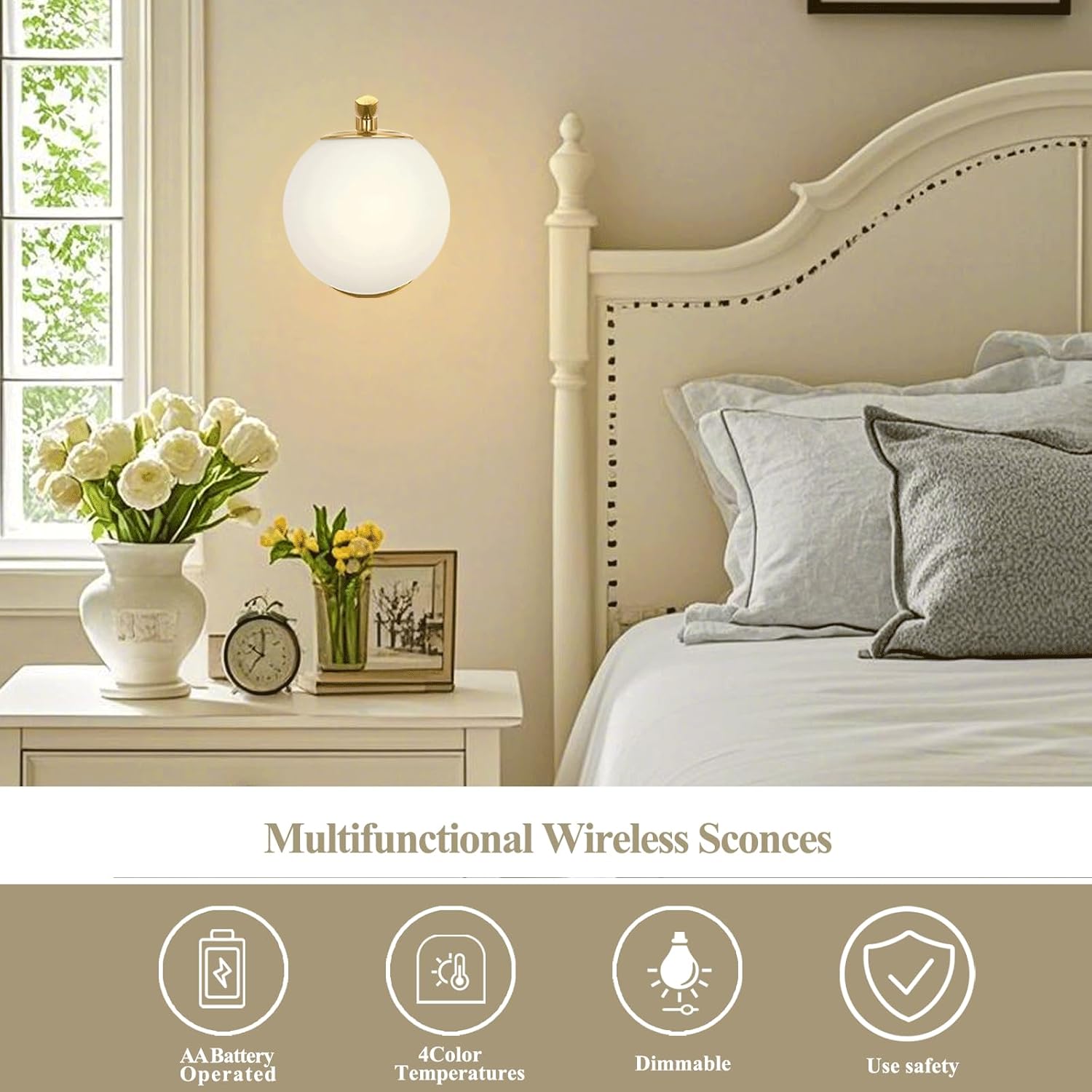 NanFeng Mid Century Modern Wall Sconce,Gold Vanity Wall Lamp with White Globe Frosted Milky Glass Lampshade,Art Deco Small Wall Mount Apple Light Fixture for Living Room Bedroom Hallway Bathroom-E26