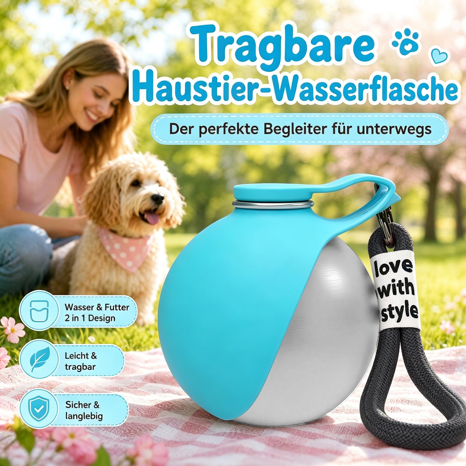 Trinkflasche Hunde für Unterwegs, Hunde Trinkflasche to Go, 285ml Edelstahl Hundetrinkflasche für Unterwegs mit Silikonnapf, Wasserflasche Hunde für Welpen Kleine Mittel Katzen Reise Camping