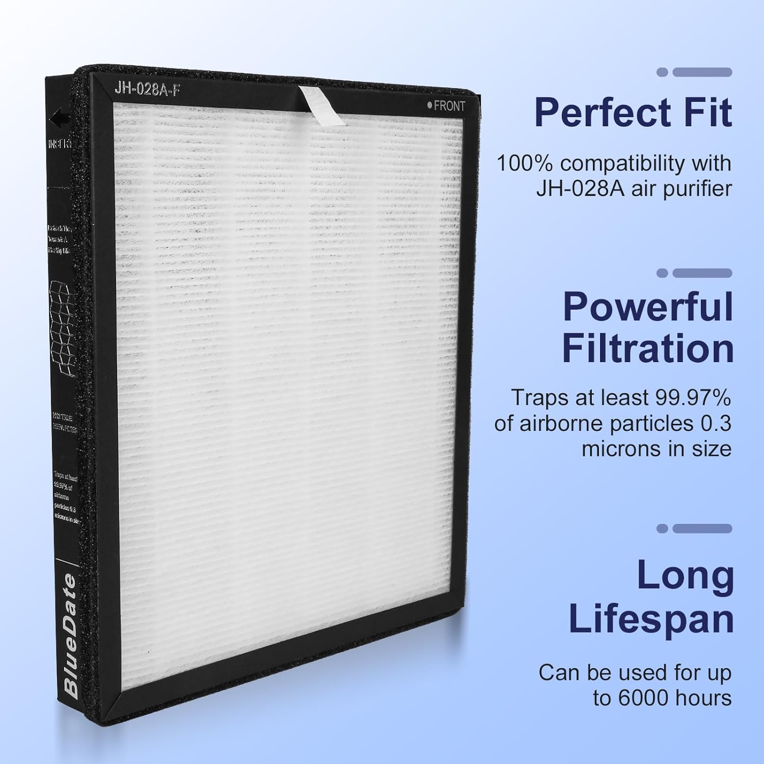 2 Pack BlueDate JH-028A JH-028A-F Original Air Purifier Replacement Filter, 3 in 1 H13 ture HEPA Air Filter for Bedroom and Office