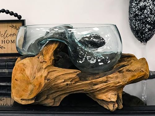 Miniatura 9 de Ebros Gift Madera flotante balinesa de madera gamal natural hecha a mano con vidrio fundido soplado a mano para servir frutas, grande de 14 pulgadas