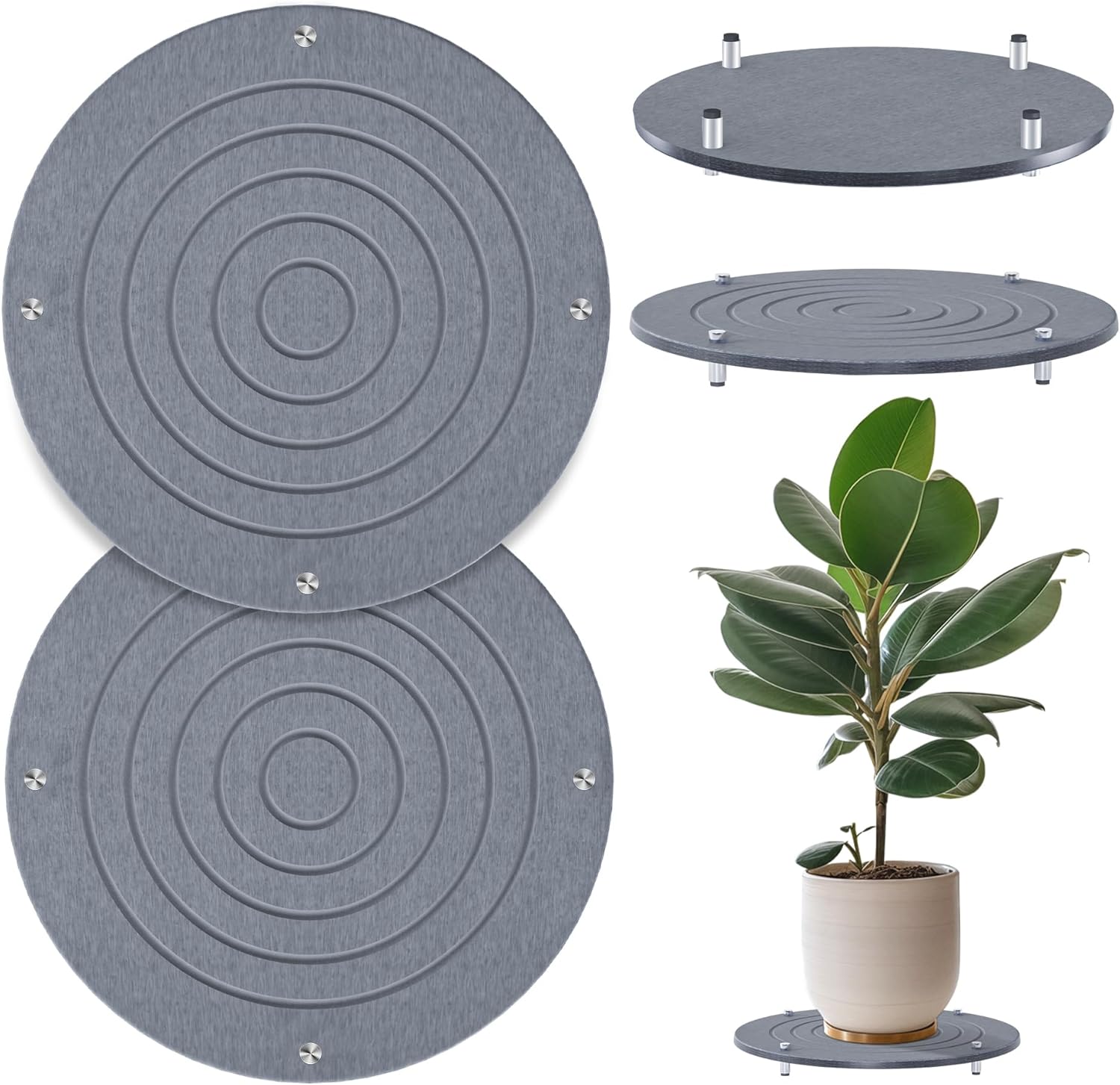 2Pcs 12 Inch Plant Saucers for Indoors, Instant Dry Diatomaceous Earth Plant Saucer, Plant Trays for Pots with Stainless Steel Feet, Plant Water Catcher Tray, Gray