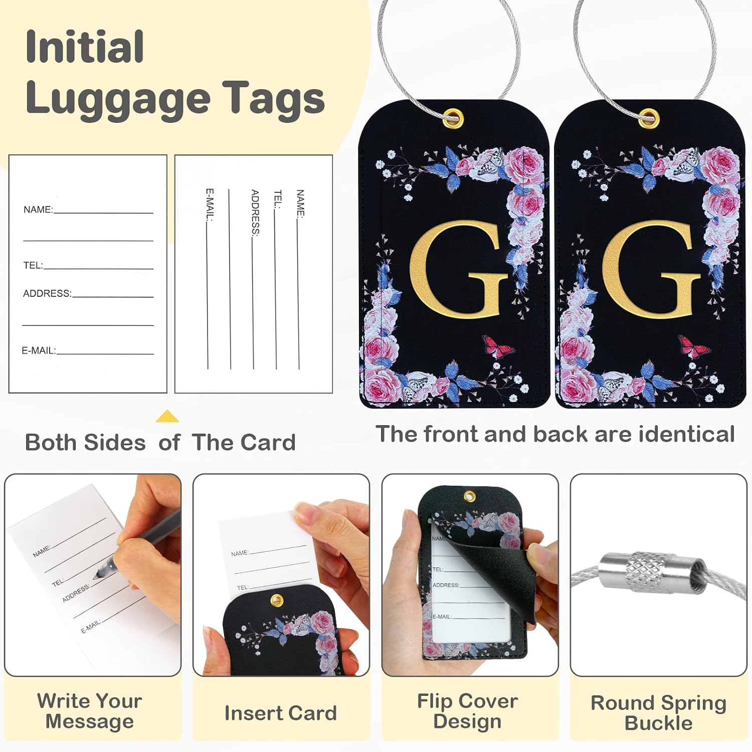 3 Pack Luxury Floral PU Leather Luggage Tags, Travel Accessories Gift (G) image 2