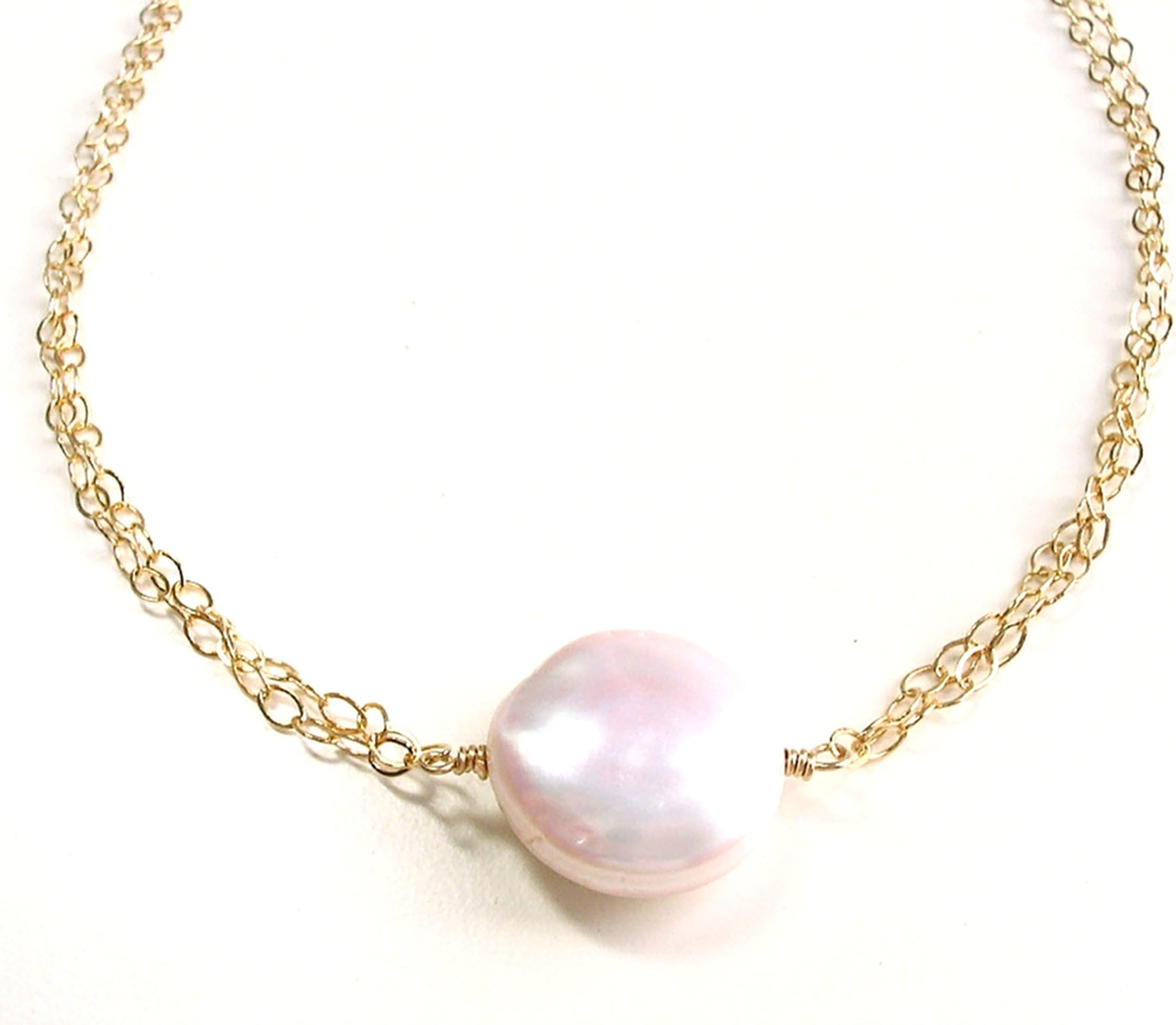 Large Cultured Freshwater Coin Pearl Necklace Double Chain 14K Gold Filled 16 Inches