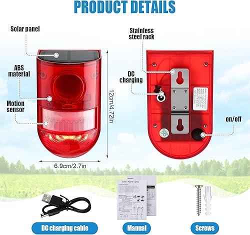 Miniatura 2 de Qualirey Paquete de 8 alarmas solares de sonido y luz, sensor de movimiento, 129 db, sirena de seguridad para exteriores, impermeable, detector