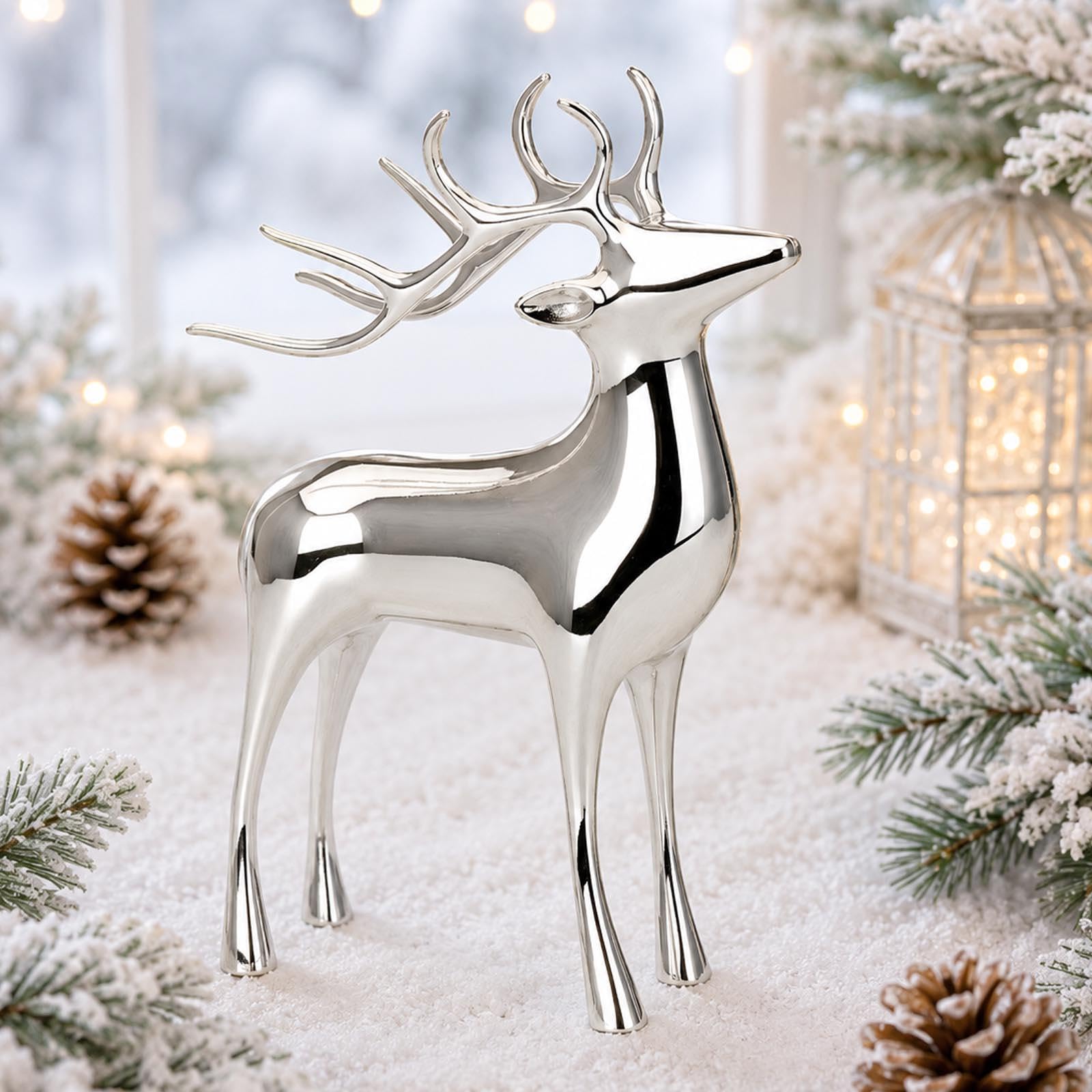 Große stehende Porzellan Deko XXL Rentier Figur - silbern glänzende Hirsch Geweih Weihnachts-Deko zum Hinstellen Höhe 32 cm