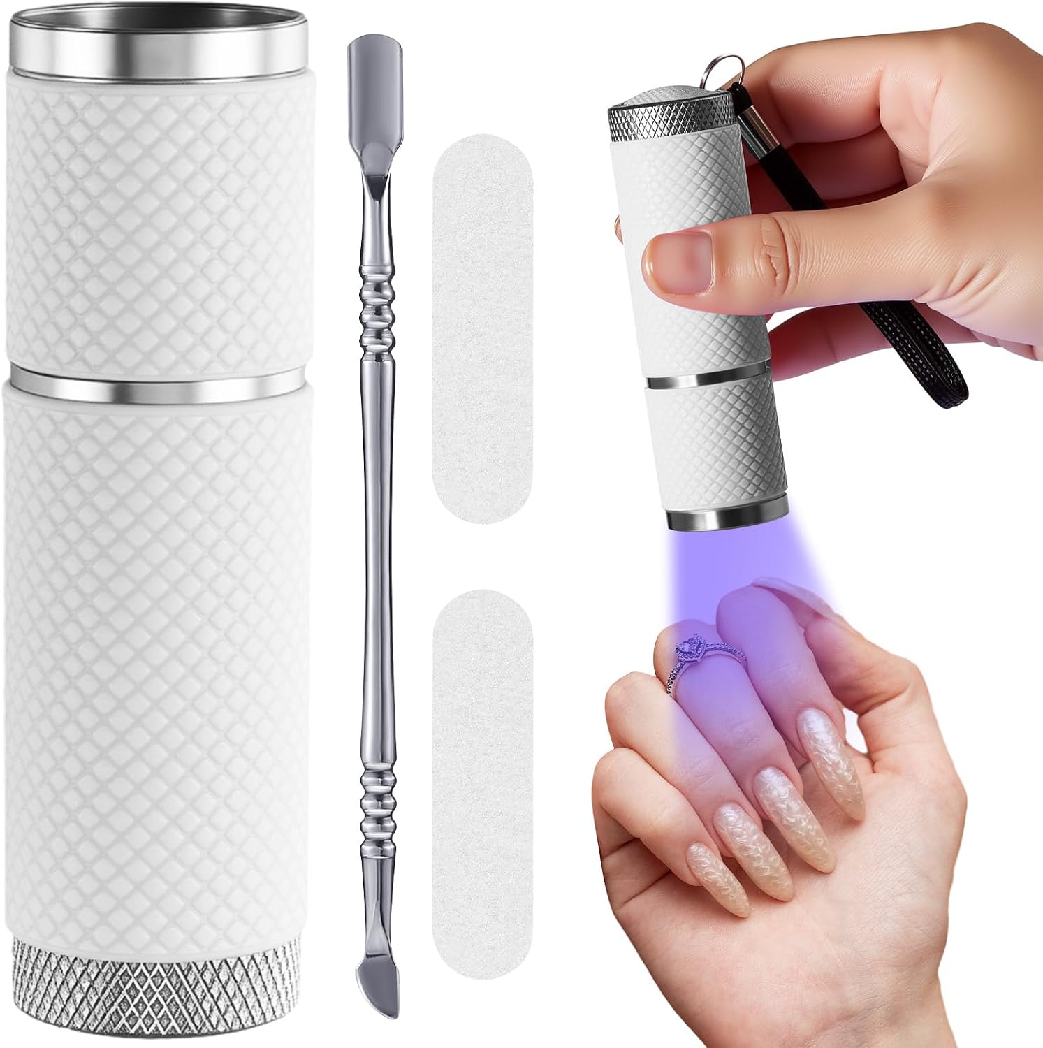 4 Pack Mini Handheld UV LED Nail Lamp Nail Cuticle Pusher with 2 Pieces Files Portable Manicure Tool UV Fingernail Dryer Polish Glue Gel with 9 LED for Woman Home Salon DIY Outside Fast Drying(Silver)