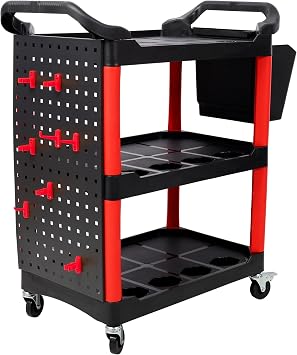 Auto Detailing Cart with Wheels, 3 Tier Car Detailing Cart with Hanging Boards & Hooks, Rolling Tool Organizer Car Wash Utility Cart for Garage, Workshop, DIY Home