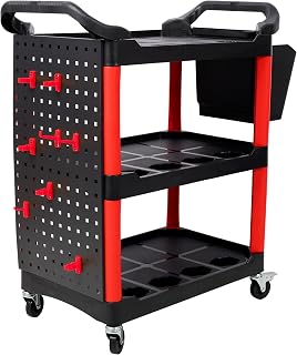 Auto Detailing Cart with Wheels, 3 Tier Car Detailing Cart with Hanging Boards & Hooks, Rolling Tool Organizer Car Wash Utility Cart for Garage, Workshop, DIY Home