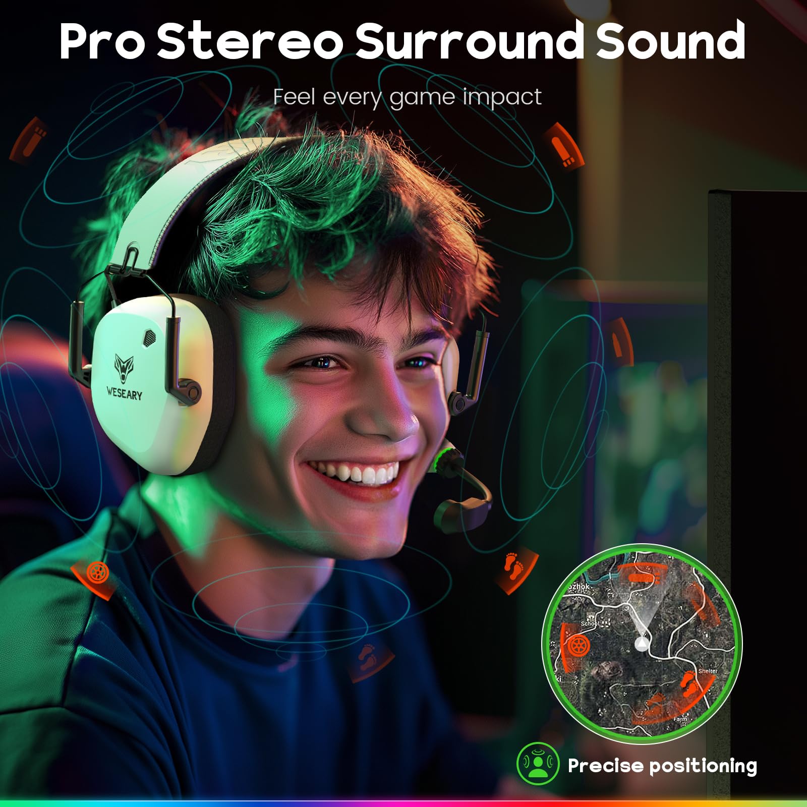 WESEARY WG4 Casque Gaming sans Fil, 2,4 GHz Casque Bluetooth sans Fil avec Micro pour PS5, PS4, PC, Switch, Mac, Mobile, Casque Gaming Pliable avec Son Stéréo, Batterie de 45h
