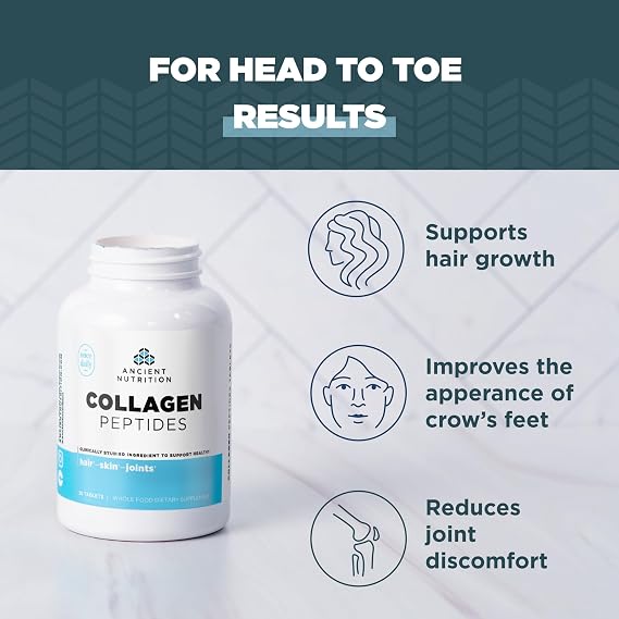 Ancient Nutrition Collagen Peptides, Collagen Peptides Tablets, Unflavored Hydrolyzed Collagen, Supports Healthy Skin, Hair, Joints, Gut, Gluten Free, Paleo, and Keto Friendly, 30 Count