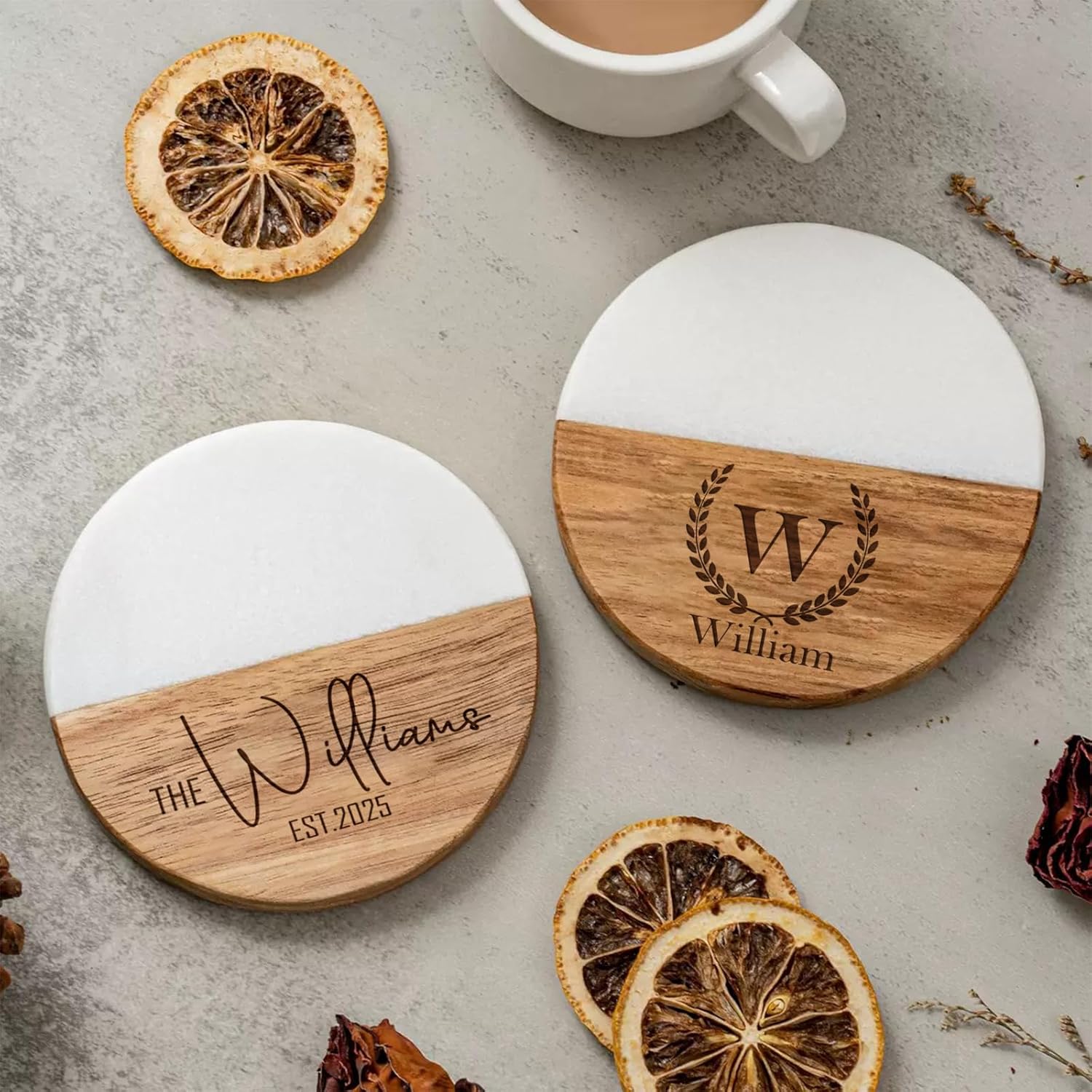 Set of 6 Personalized Coasters Wedding Gift for Couple Custom Custom Wood Bar Coasters for Drinks with Monogram Engraved Great Newlywed