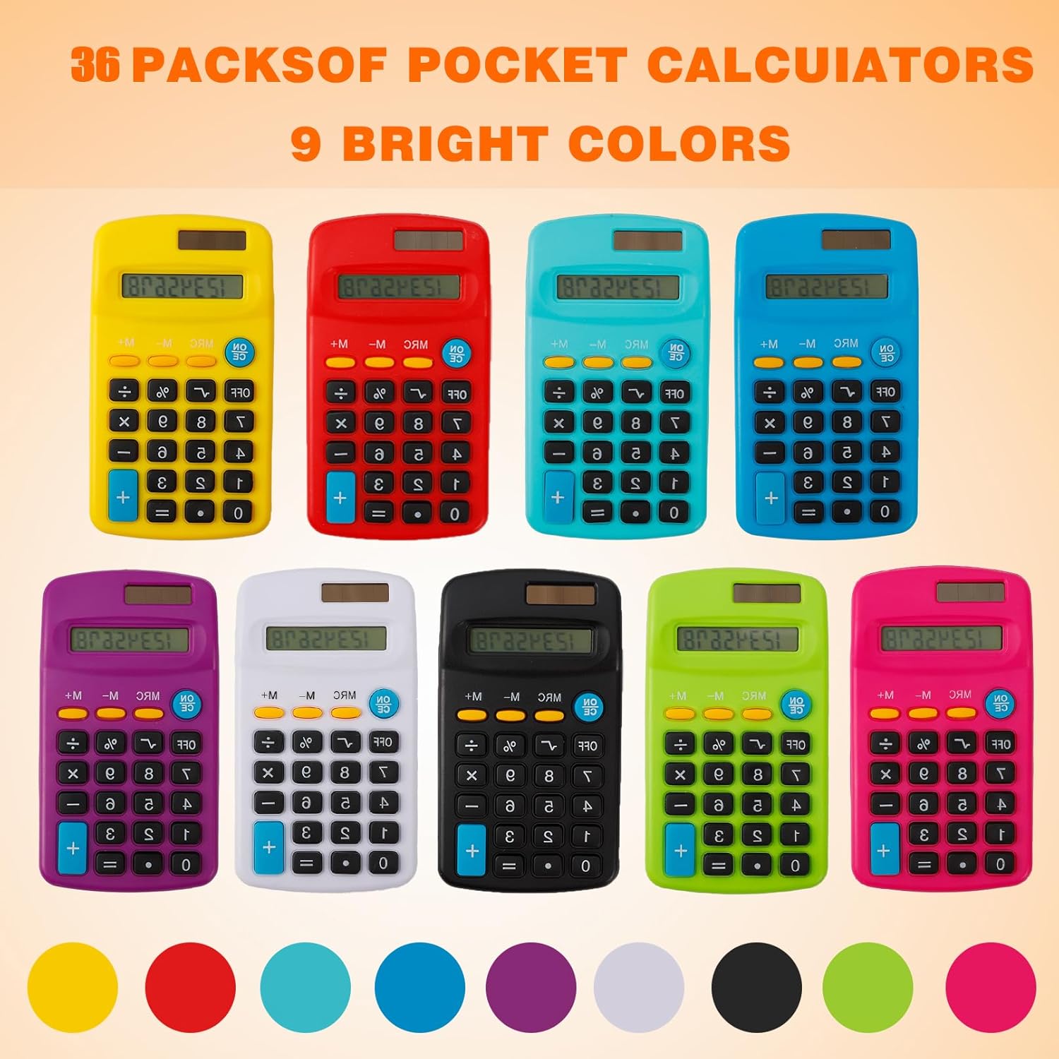 36 Pcs Pocket Calculator, Mini Colorful Basic Solar Battery Calculator, Solar Battery Dual Power, Basic Calculators, 8 Digit Display for Students Kids Home Office School