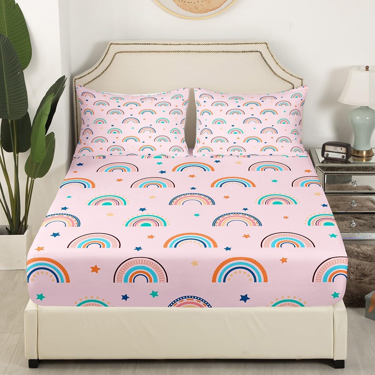 jejeloiu Multicoloured Rainbow Bed Sheets Set Full Size Pink Fitted Sheet with Deep Pocket for Boys Girls Kids Colorful Stripes Bedding Set Breathable Bedroom Decor Bedclothes