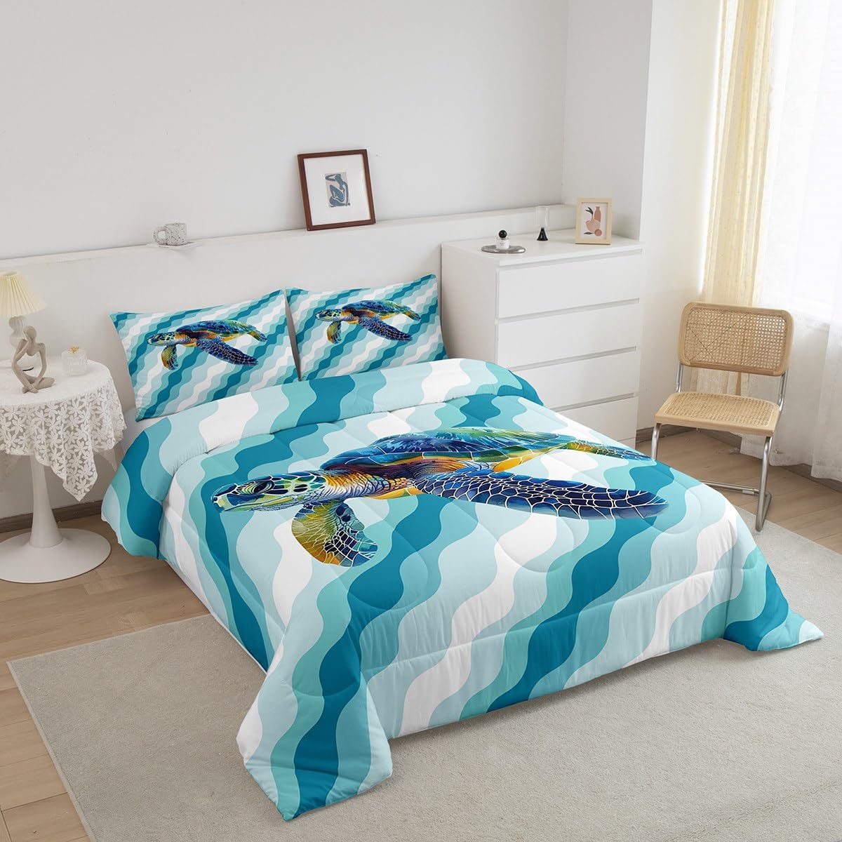 jejeloiu Ocean Bedding Set Toddler Size Kids Sea Turtle Comforter Cover for Boys Girls Teens Sky Blue Duvet Cover Breathable Soft Lightweight Microfiber Quilt Set