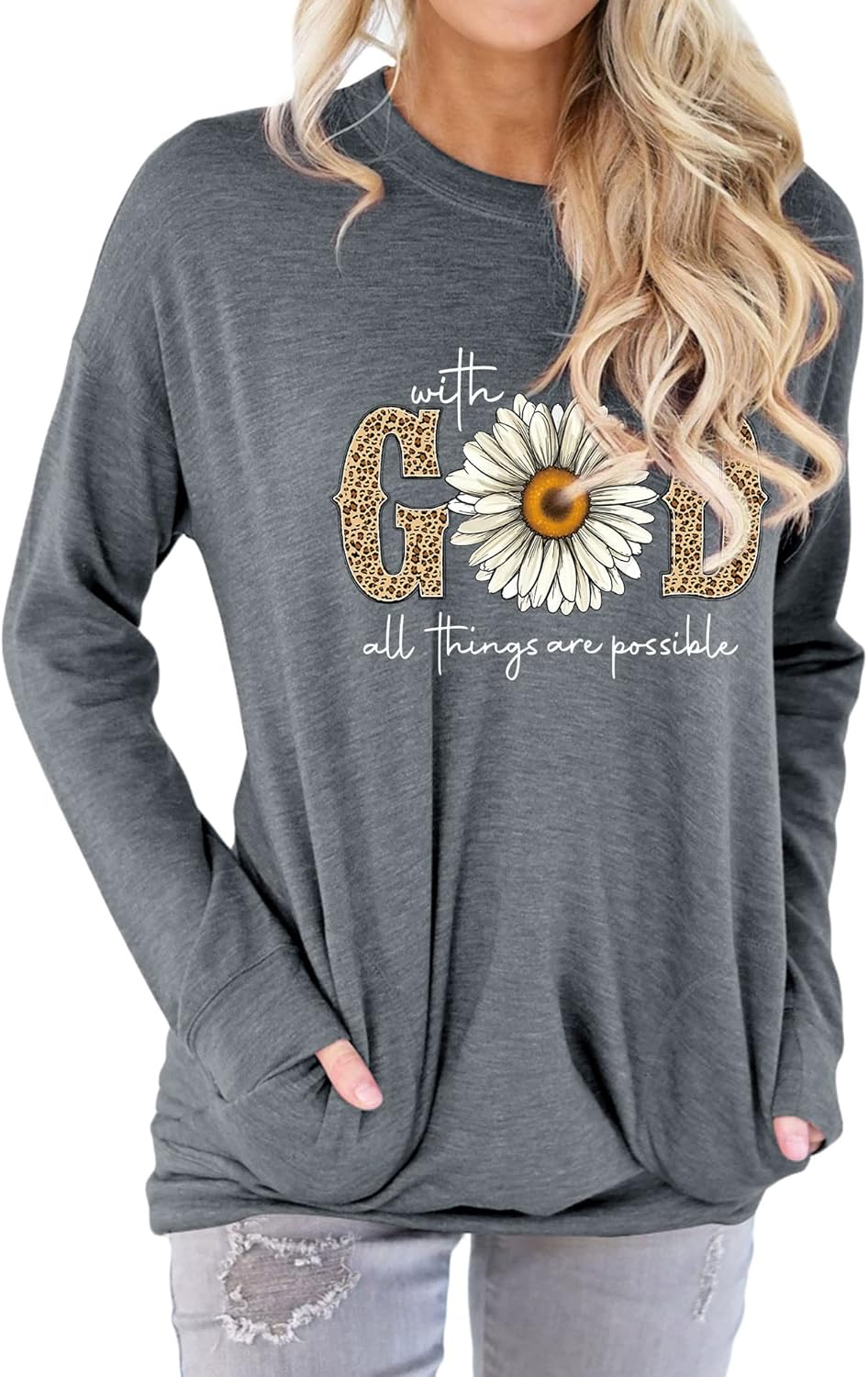 Christian Shirts for Women Faith Religious Sayings T Shirt Bible Verse Inspirational Long Sleeve Tops with Pocket - Image 2