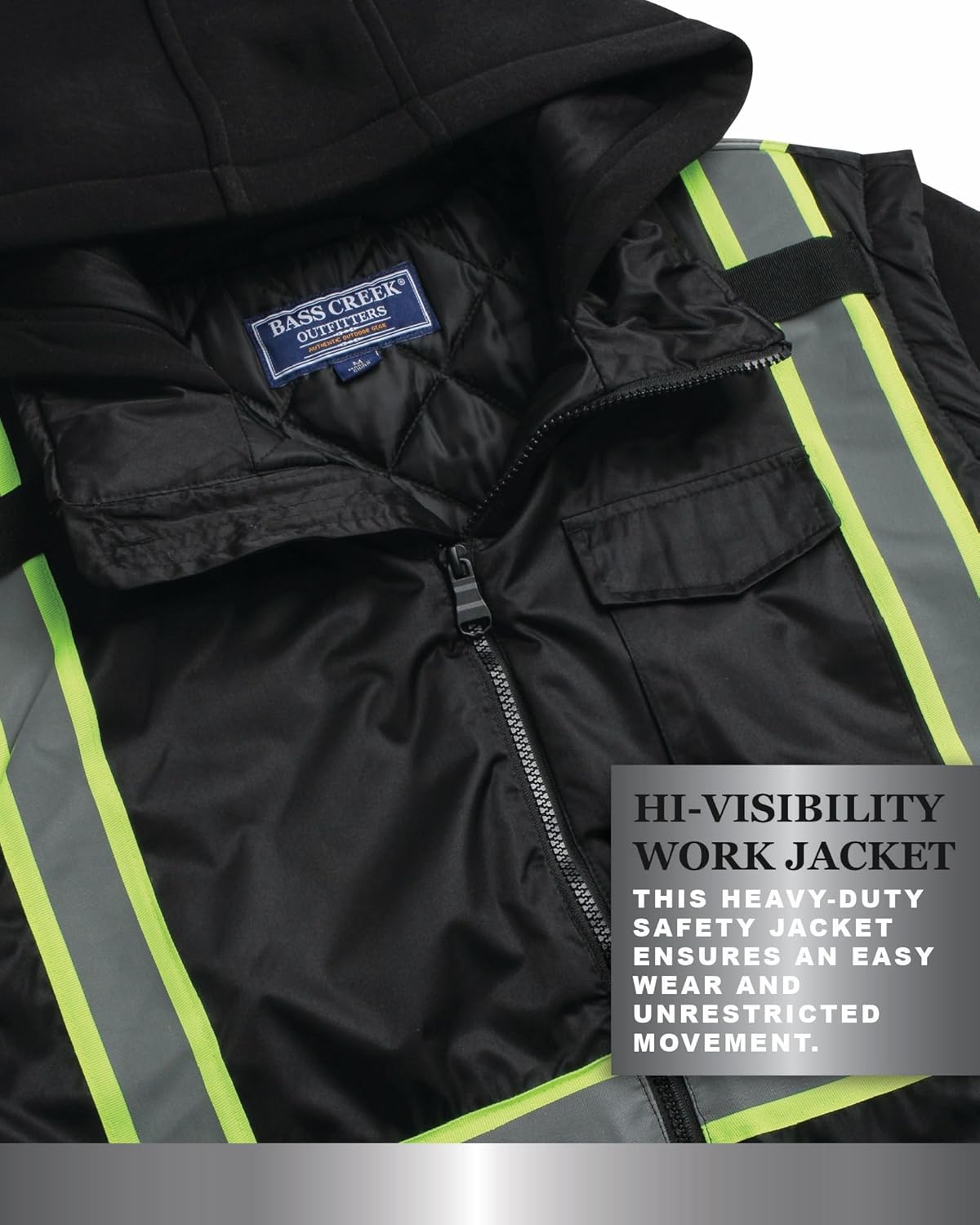 Bass Creek Outfitters Men's Safety Jacket - Hooded Two-Fer Workwear Vest with Reflective Tape & Fleece Sleeves (Sizes: M-XXL)