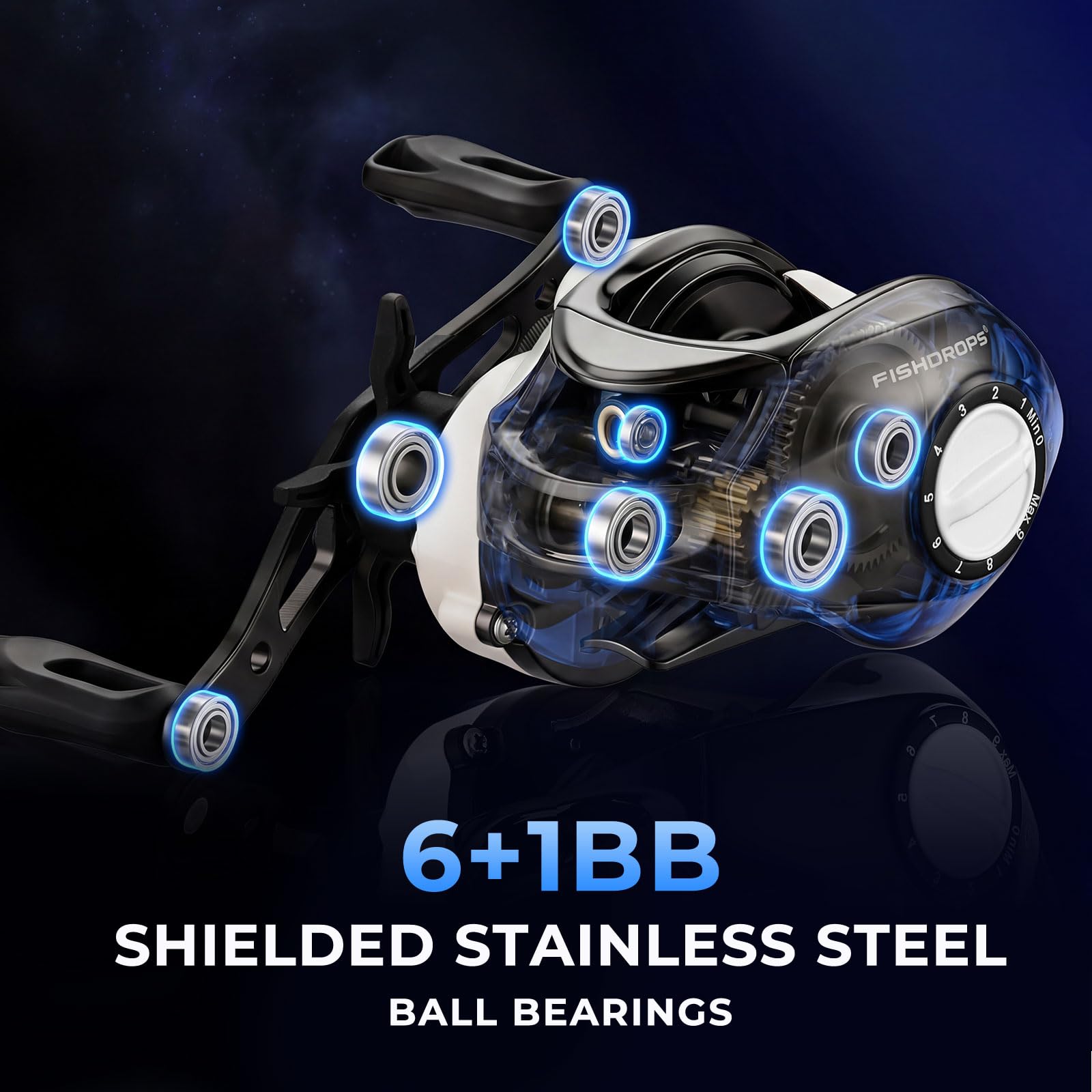 Fishdrops Baitcasting Reels Light Weight & Smooth, 12.12 LB Max Drag, Classic Gear Ratio 6.3:1 Low Profile Baitcaster, 6+ 1 Ball Bearings Anti-Corrosion Baitcasting Fishing Reel