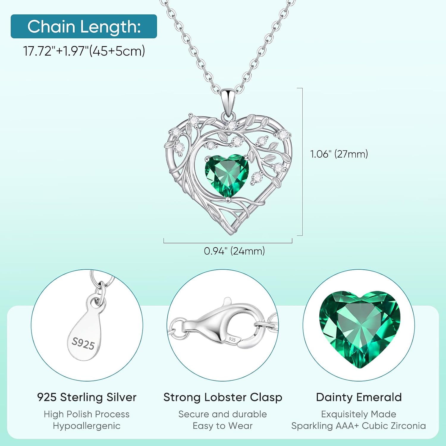 Tree of Life Birthstone Pendant Necklace - 925 Sterling Silver Heart Cubic Zirconia Diamond Women Pendant Necklaces for Her Daughter Girlfriend Birthday Gift Ideas for Wife Mom for Valentines Day