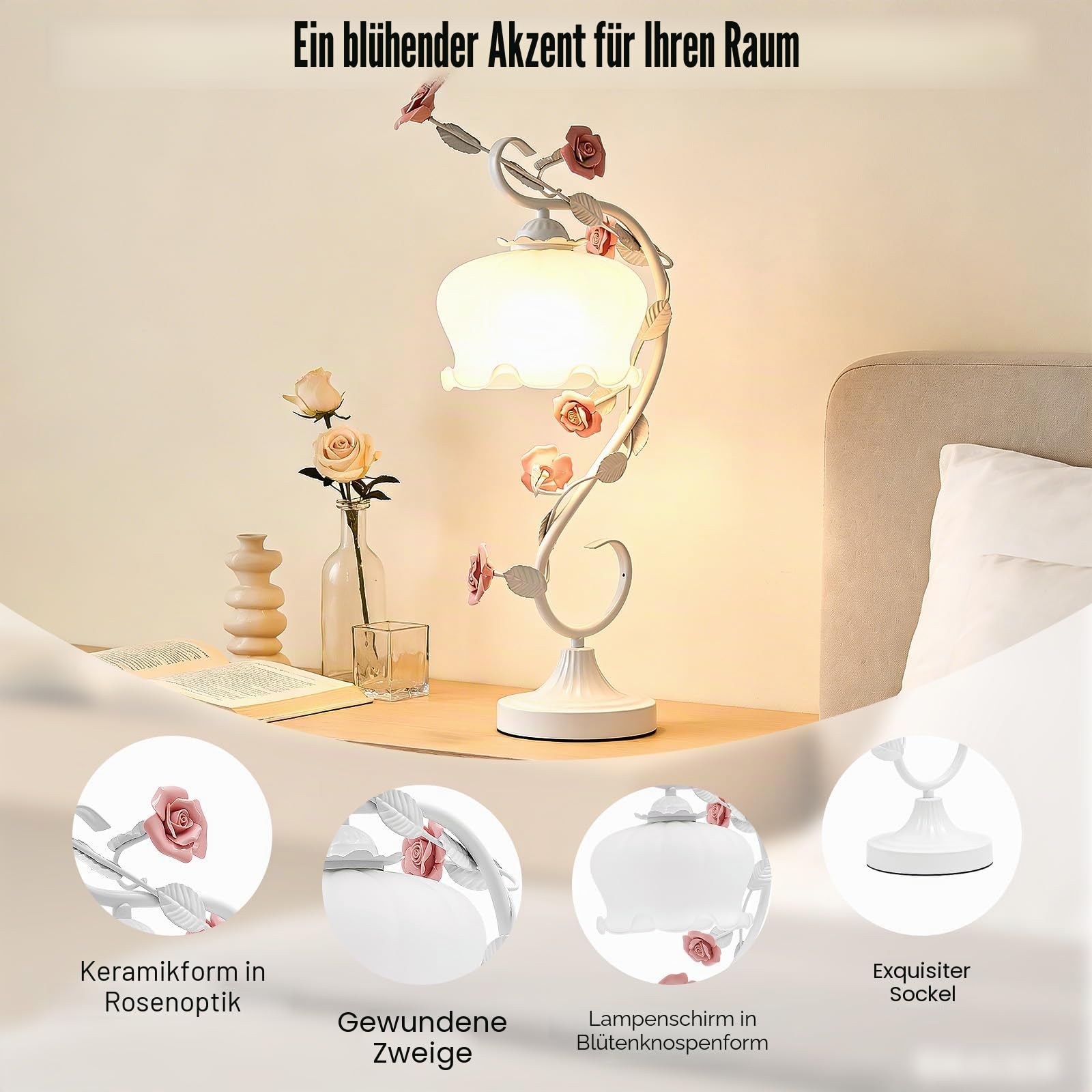 Tischlampe Nachttischlampe Modernes Design schöne Handgemachte Keramik Rose Form Tischleuchte mit LED