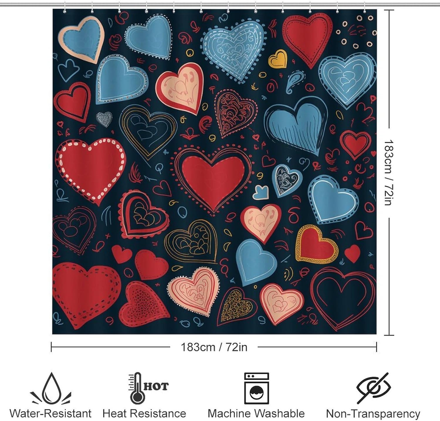 Arious Heart Shapes Shower Curtain Set 4 Piece, Non-Slip Bath Mat with Toilet Lid Cover and Waterproof Shower Curtain with 12 Hooks, Complete Bathroom Set for Home Decor