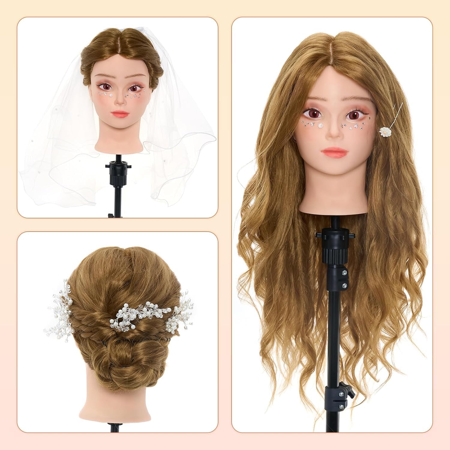 Neverland Cabeza de Peluqueria 24" 50% Pelo auténtico Cabeza Para Peinar Cabeza Maniqui Peluqueria Maniquí Muñeca para Peluquería con Soporte + Accesorios de Peinado DIY