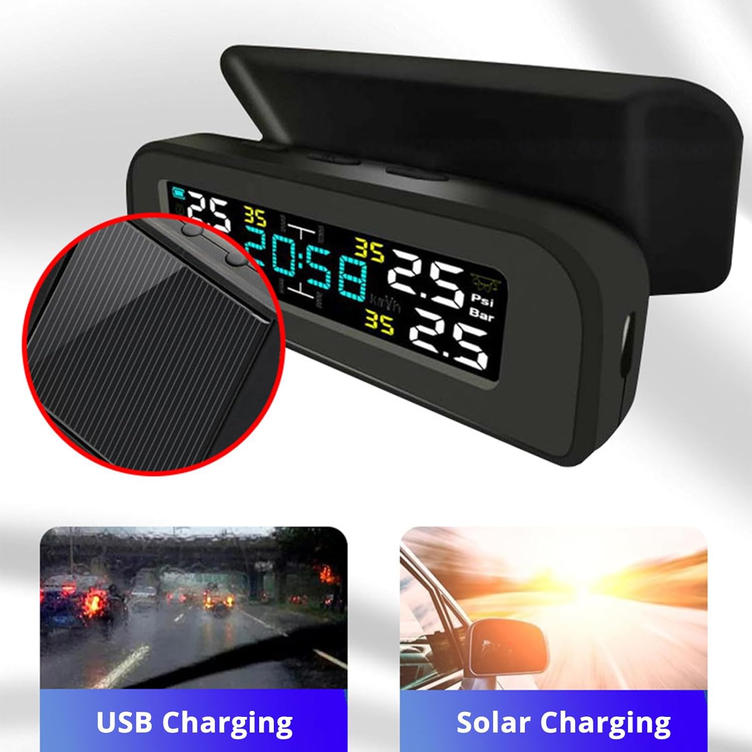Car Solar Energy Tire Pressure Systems with 4 Wheel Tyre External Sensors and Audible Alerts for Safe Driving