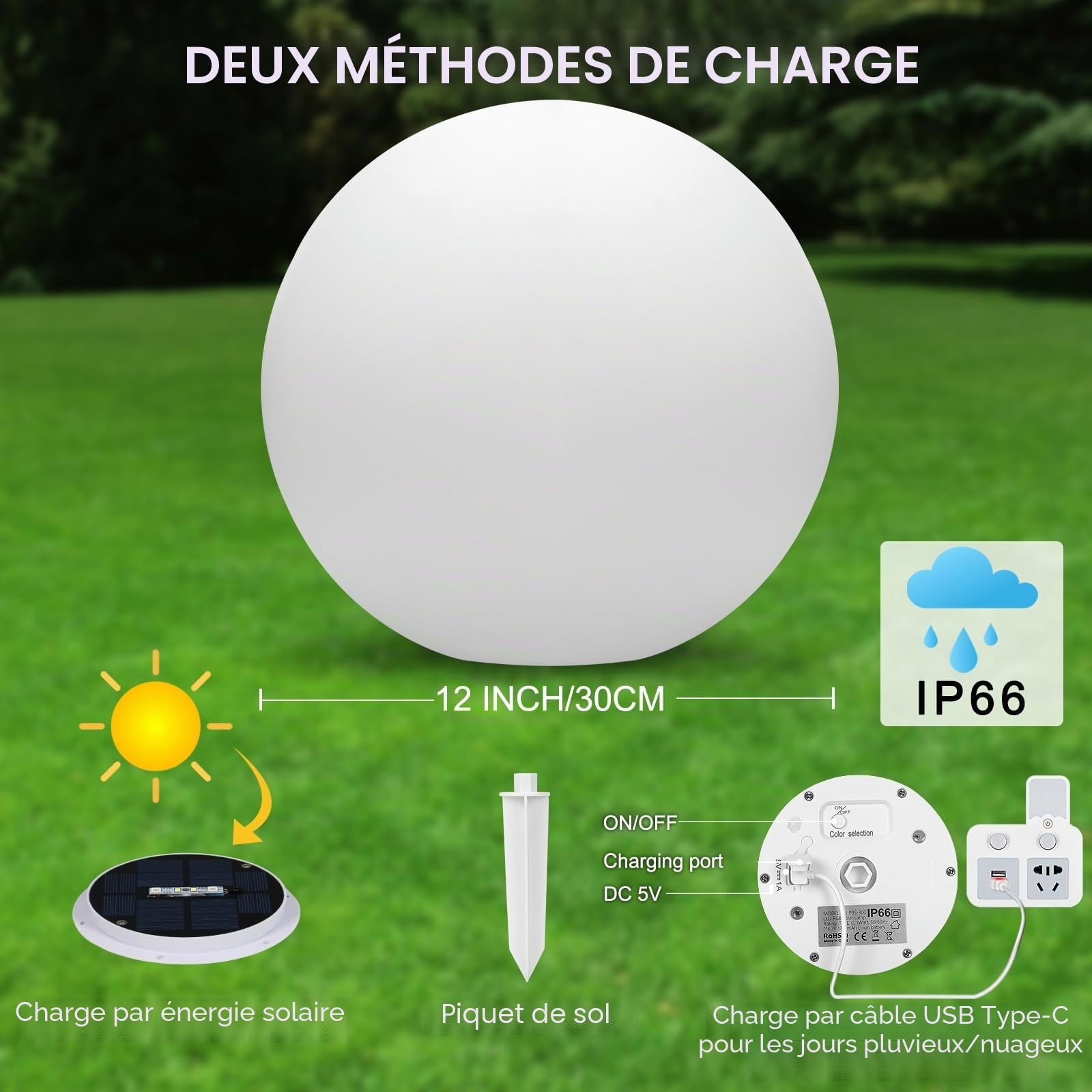 RGB Lampe Solaire Jardin Extérieur 30CM Boule IP66 Kit Eclairage Solaire Intensité Variable Decoration Terrasse