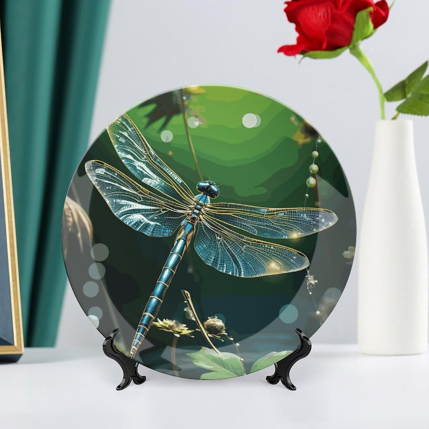 Dragonfly Green Decorative Plates for Display Round Porcelain Plate Living Room Table Ceramic Hanging Decorative Plate Art Decor for Living Room Table with 1 Display Stand 10inch