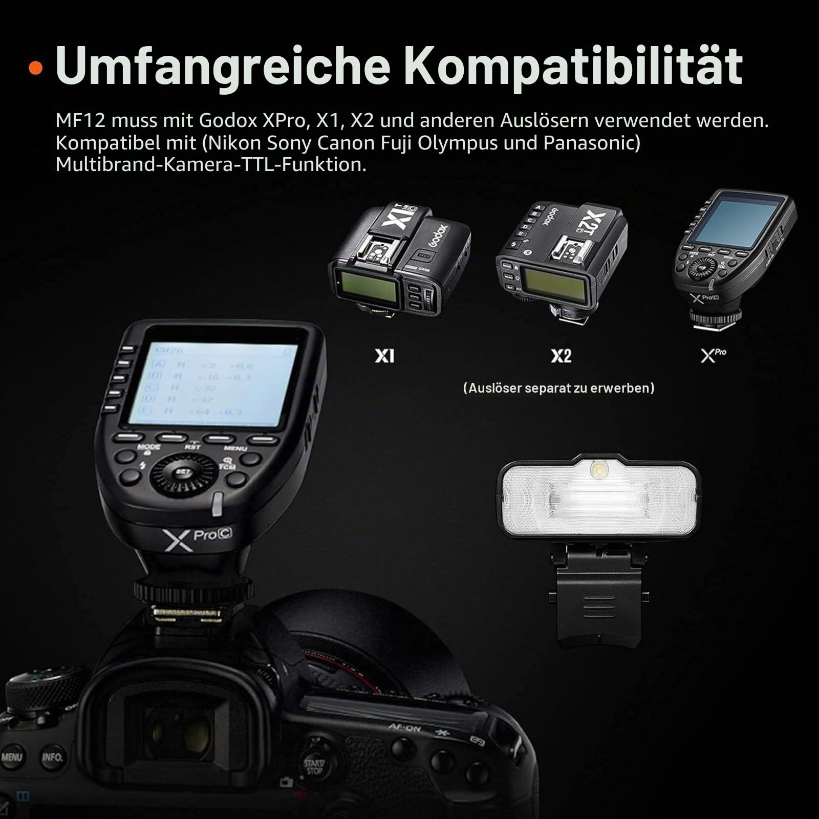 Godox MF12 Kit2 Makroblitz TTL 2,4GHz Funk-Ringblitz mit integrierter Batterie, 500 Blitze bei voller Leistung, Leistung 1/128–1/1, kompatibel mit Canon Sony Nikon Fujifilm Olympus Panasonic