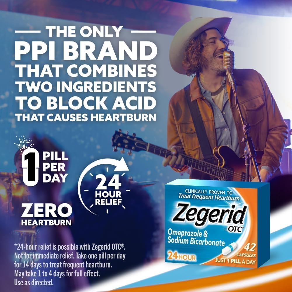 Zegerid OTC, Omeprazole Plus Sodium Bicarbonate, 24 Hour, Proton Pump Inhibitor (PPI), Heartburn Medicine, Acid Reducer, Two 42ct Cartons