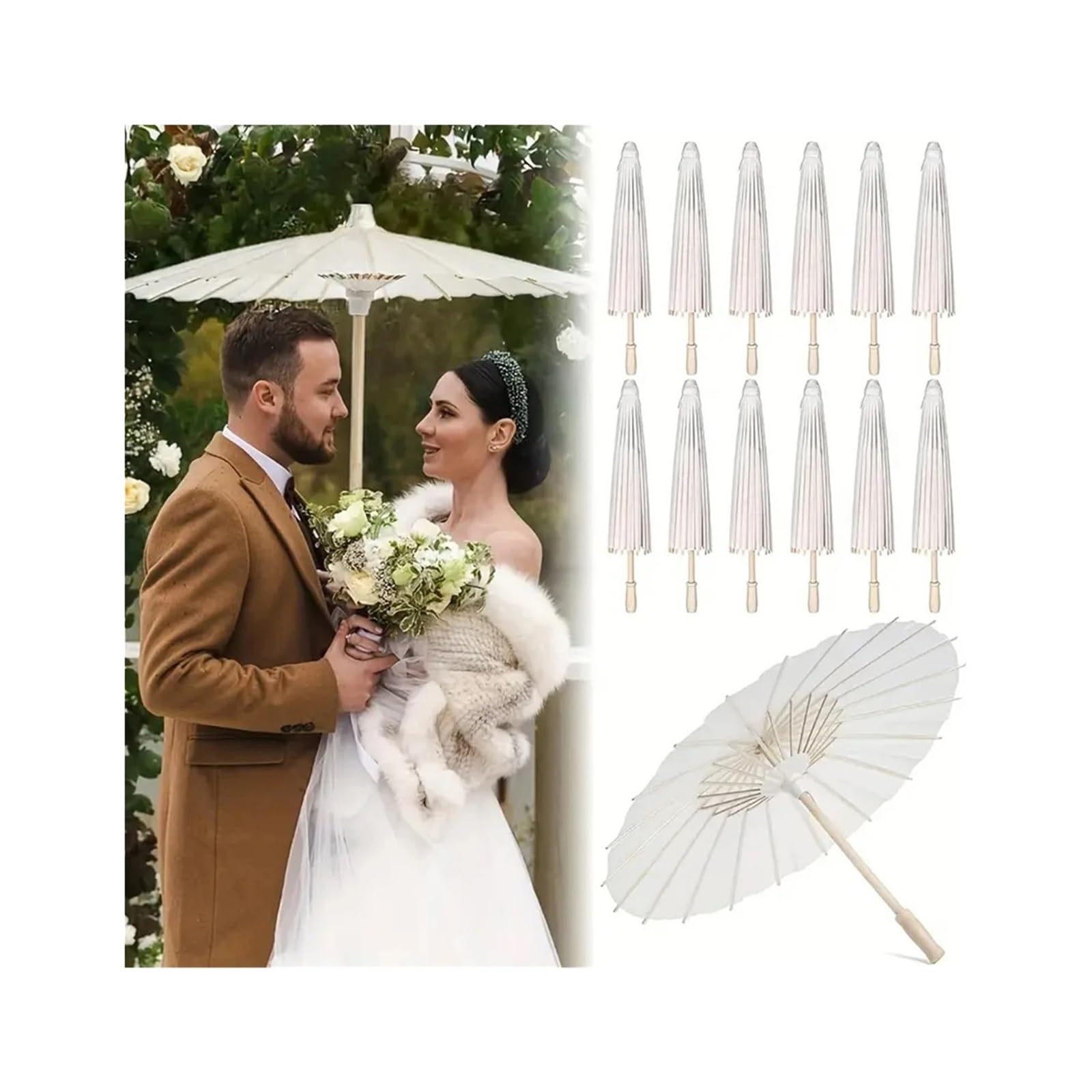 Parapluie Mariage Lot de 30 parasols en papier blanc, accessoires cosplay, parapluie bambou for mariage, fête, été, plage, décoration